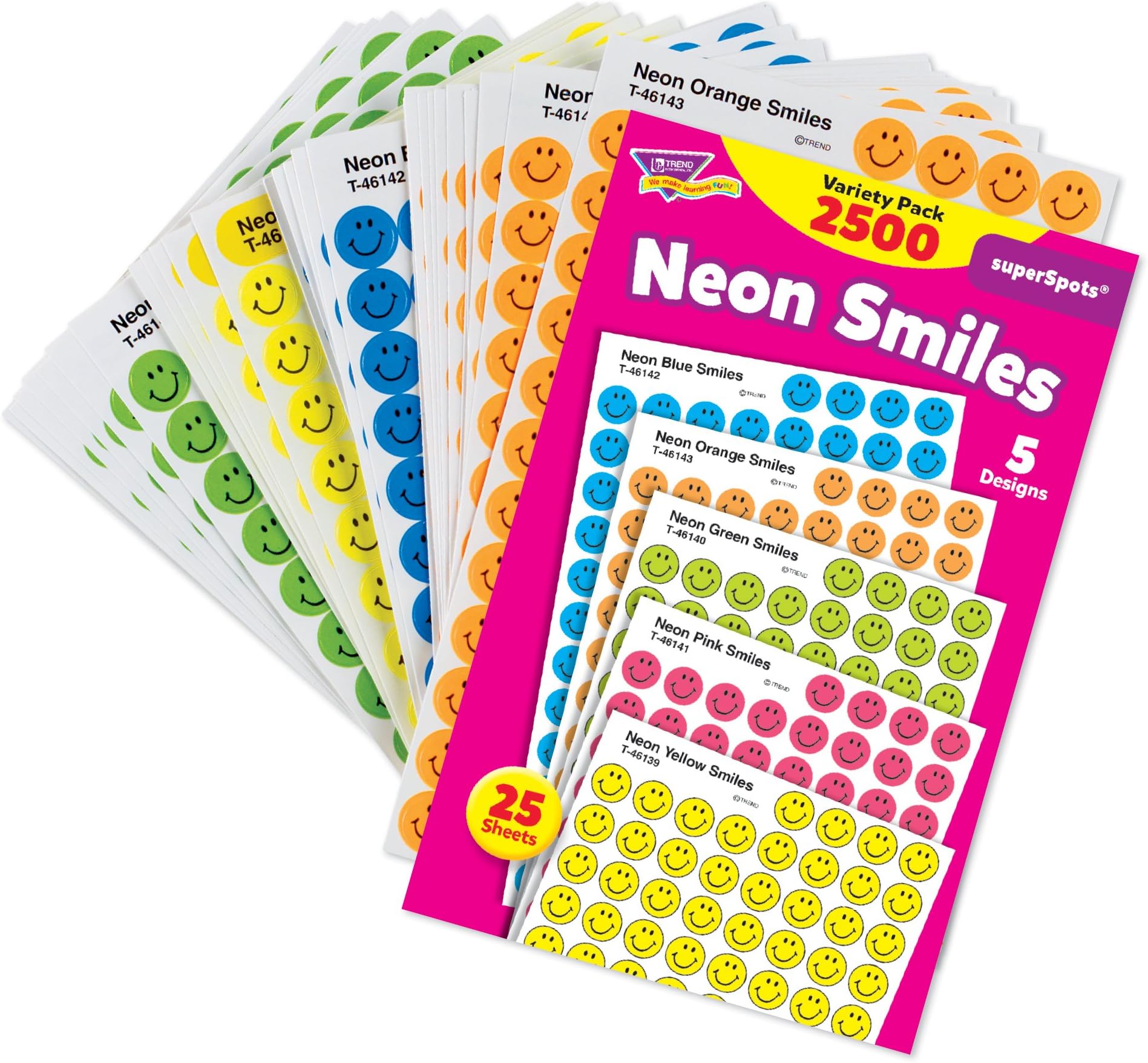 TREND ENTERPRISES: Neon Smiles, superSpots Stickers, Great on Homework, Incentives, Crafts and as Collectibles, 5 Different Designs, 25 Sheets Included, For Ages 3 and Up