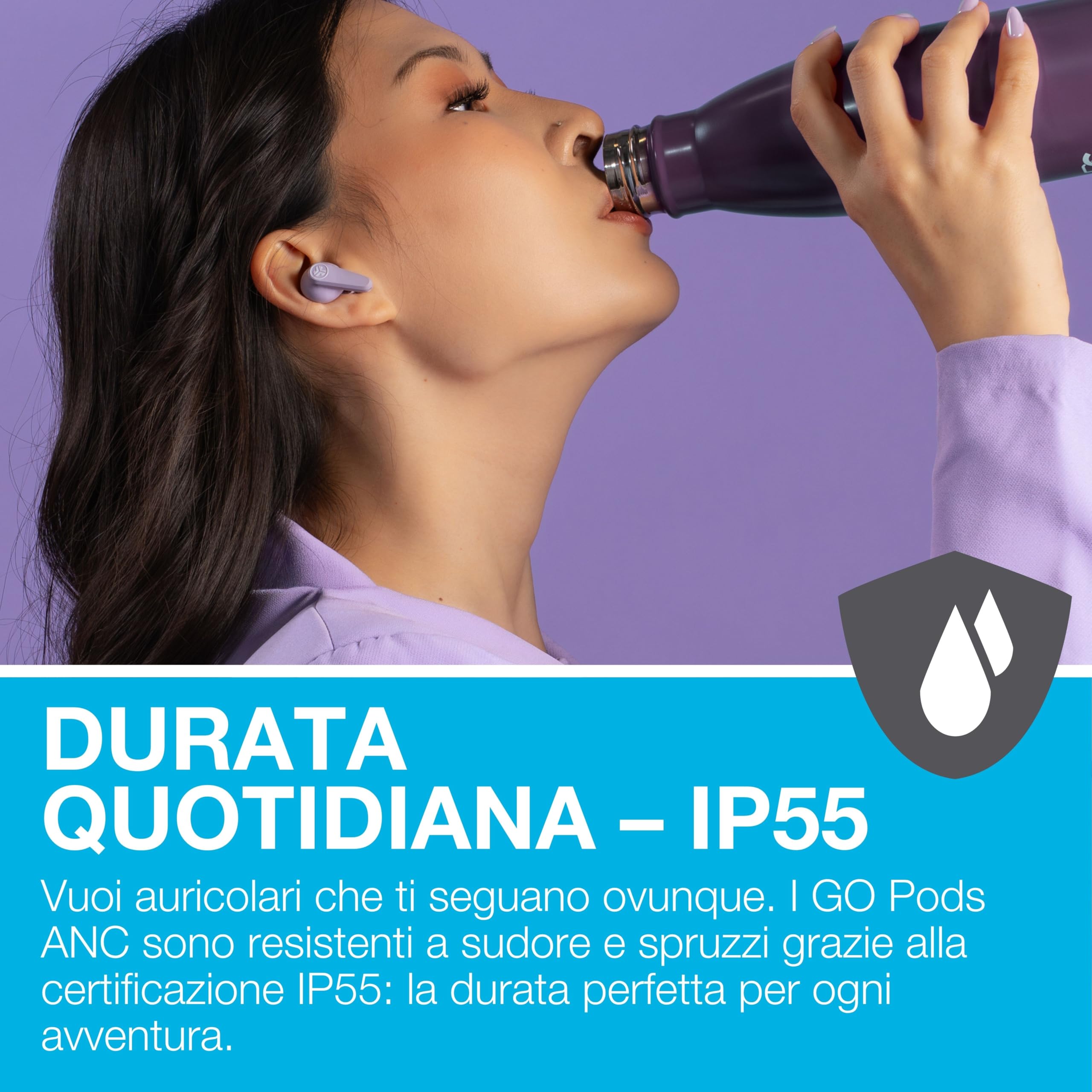 JLab Go Pods ANC Auricolari Bluetooth Cancellazione Rumore, Lilla | Cancellazione Attiva del Rumore Ibrida, Cuffie Wireless IP55, 26h+ Autonomia, Chiamate Nitide, Audio via App