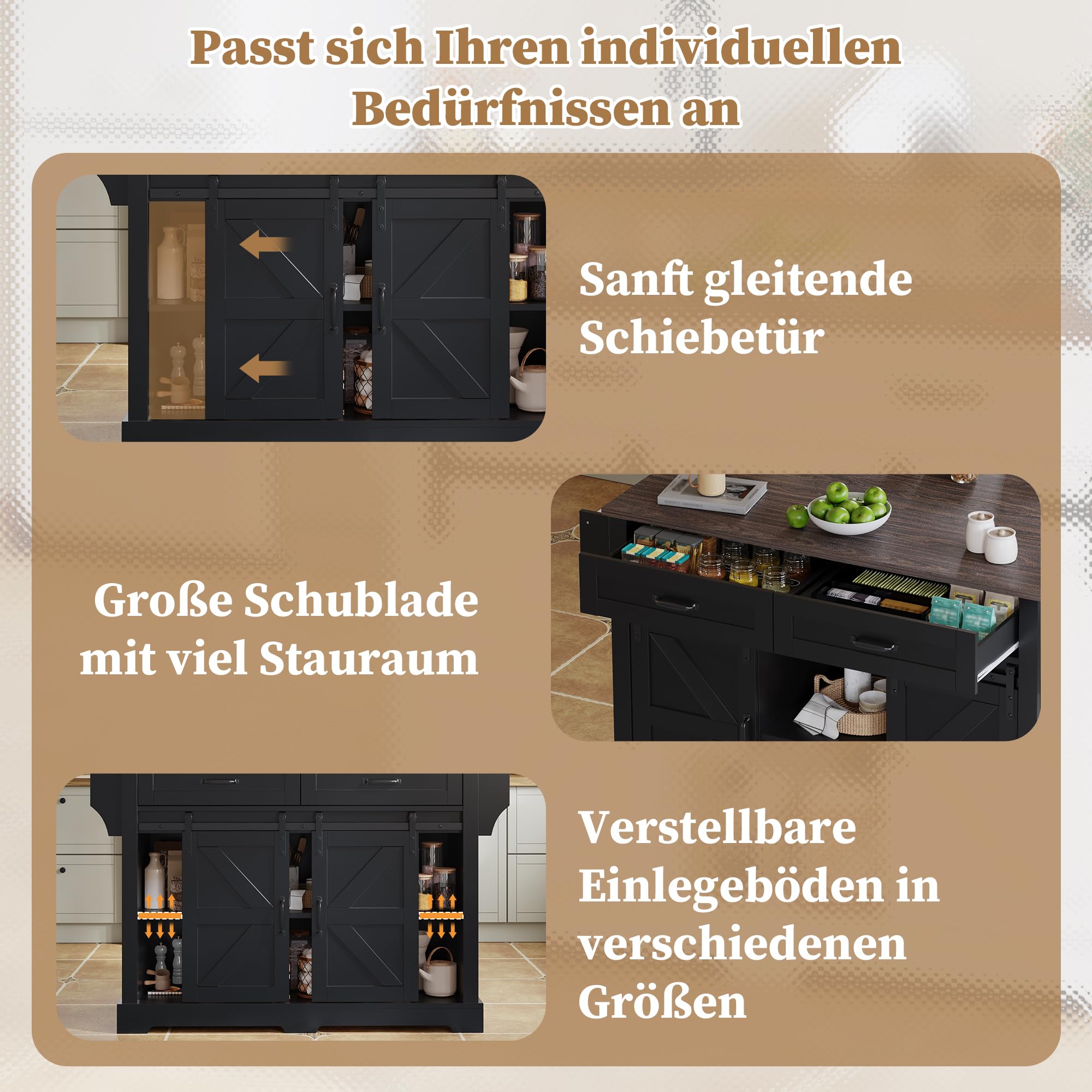Merax Kücheninsel Freistehend mit Klappbarer Arbeitsplatte, Bewegliche Küchenwagenl mit Schiebetüren, 5 Rollen, Schrank, 2 Schubladen, Gewürzregal und Handtuchhalter, 120x70x91cm (Schwarz)