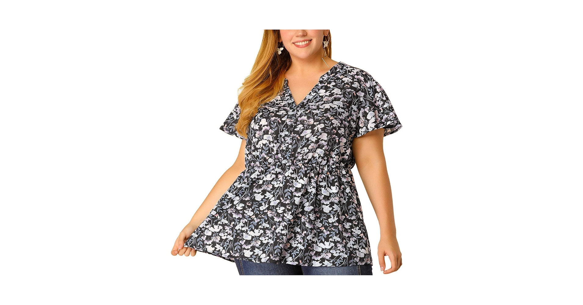Agnes Orinda Women's Plus Size Floral Tops Elastic Waist