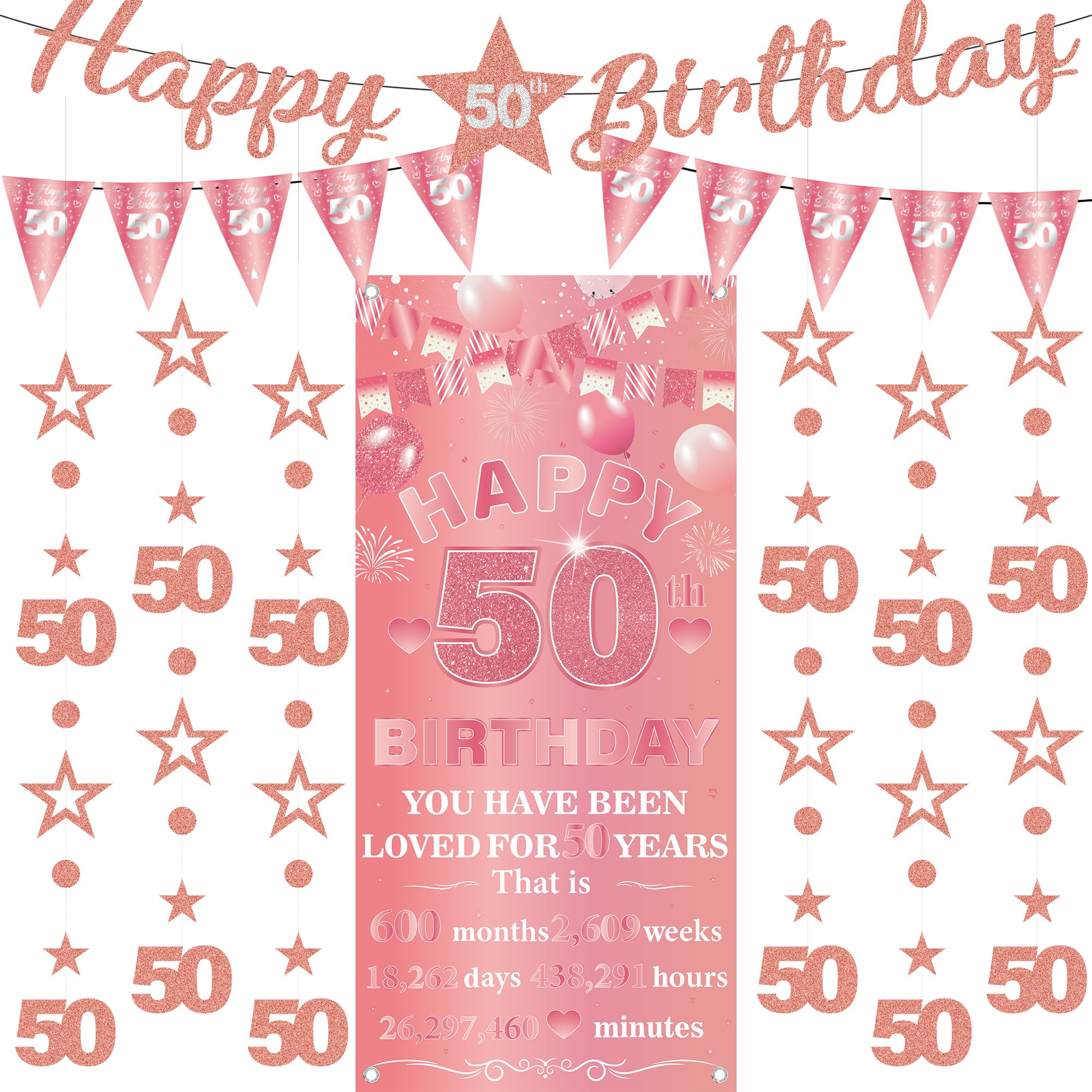 50th Birthday Decorations Banner Women - 9 Pcs Rose Gold Bannes Backdrop Number Star Dot Glitter Hanging Garlands Kit for Women Happy 50 Years Old Birthday Party Decor Supplies