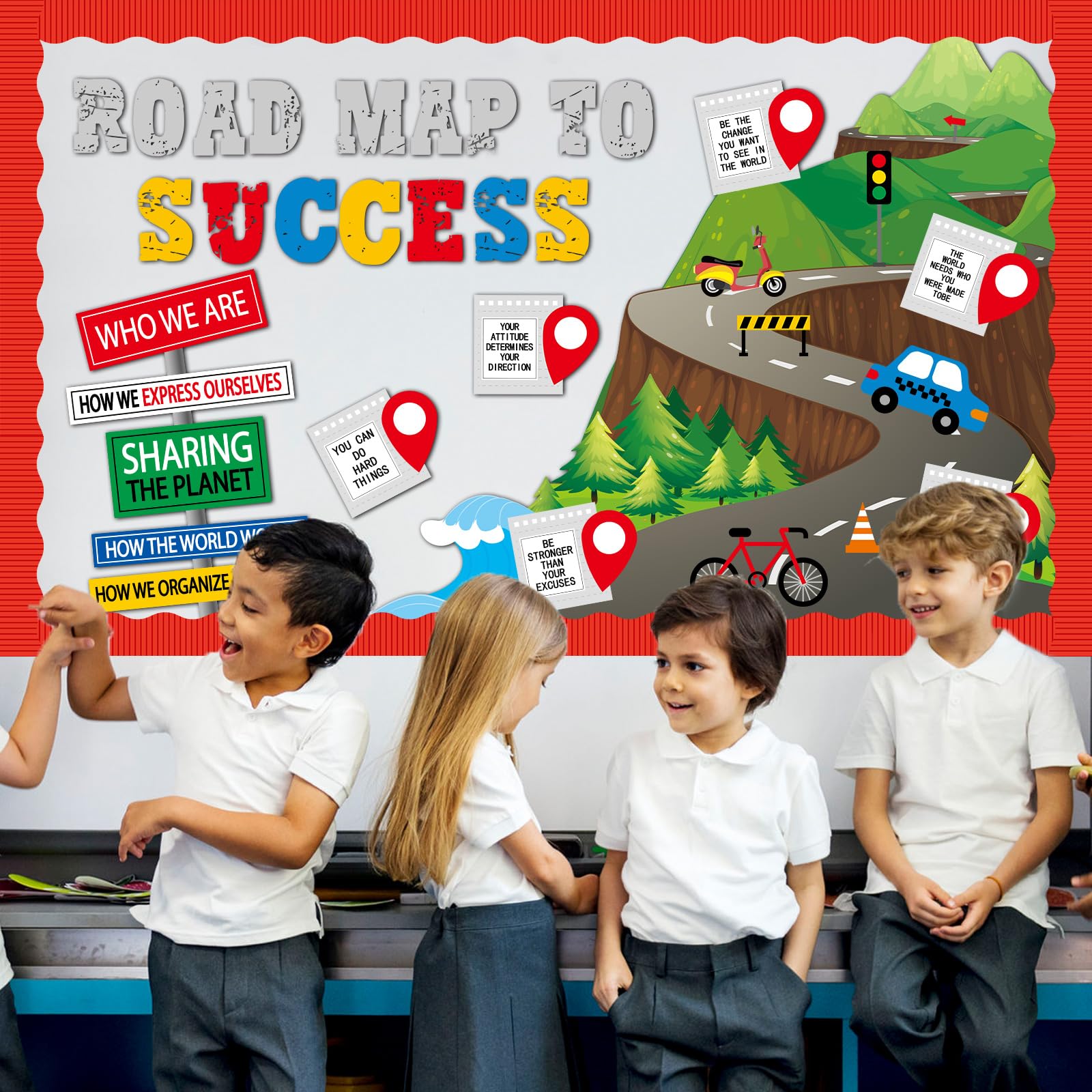 Pinnwand-Dekorationen, Motiv: Straßenkarte zum Erfolg, Motivationsschild, Ausschnitte, Bordüren, Klassenzimmer, Pinnwand, Dekor-Set, inspirierendes Zitat, Papierausschnitte für Zuhause, Schule, Büro
