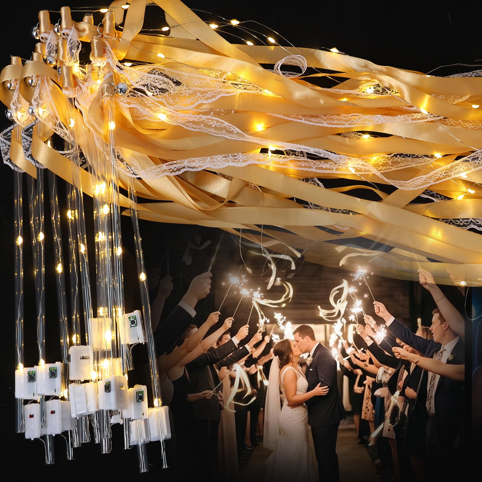 Kuanght 30PCS Light up Wedding Wands with Ribbons, LED Lights and Bells, Romantic Wedding Wands Ribbon with Three Lights Modes, Light up Wand for New Year, Birthday Party, Concert and Celebrations