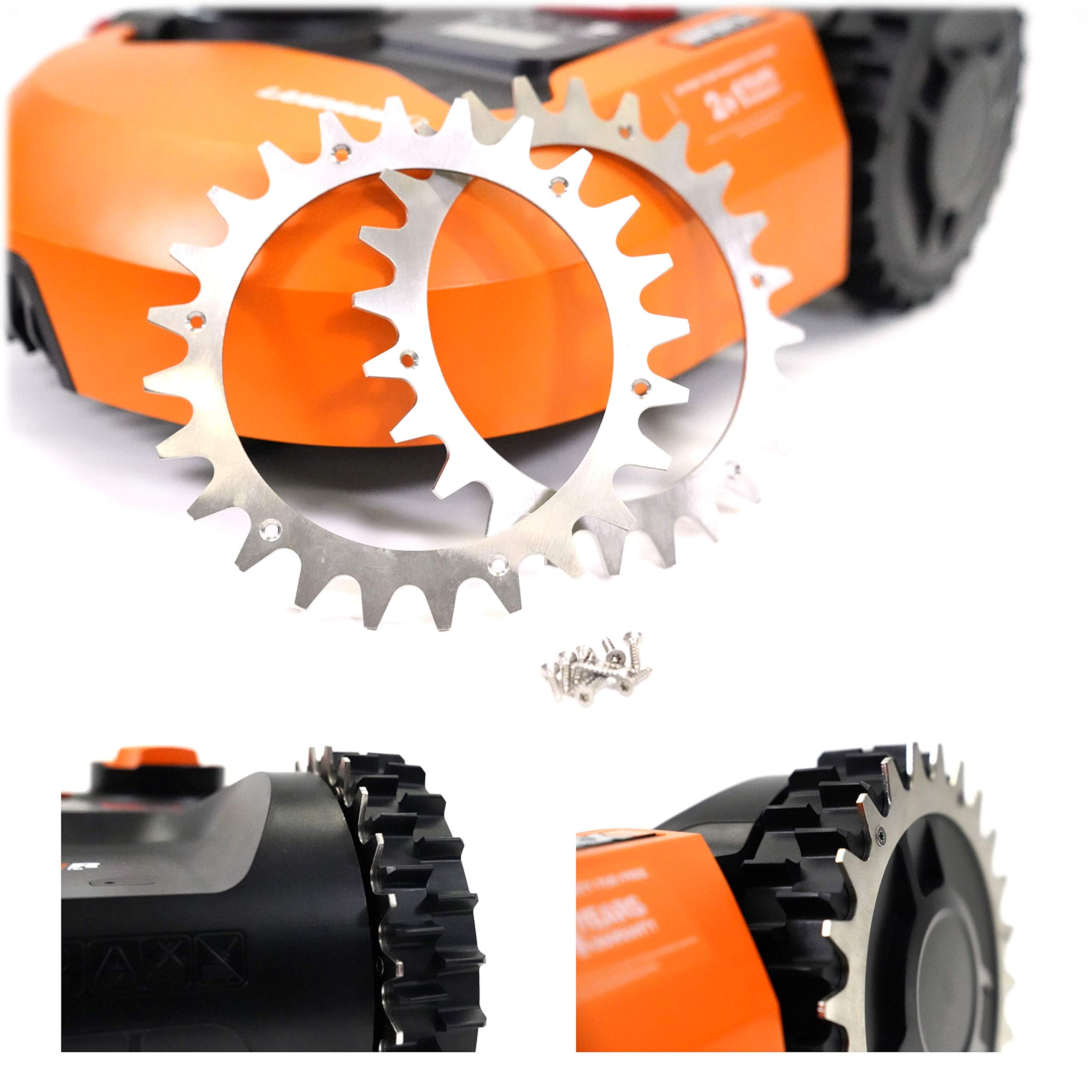BEOSPremium Stainless Steel Spikes for Worx Landroid S&M Polished - Countersunk Screw Holes Deburred -12x Stainless Steel Screws - Traction Improvement for Mowing Robot - Wheel Size 205mm