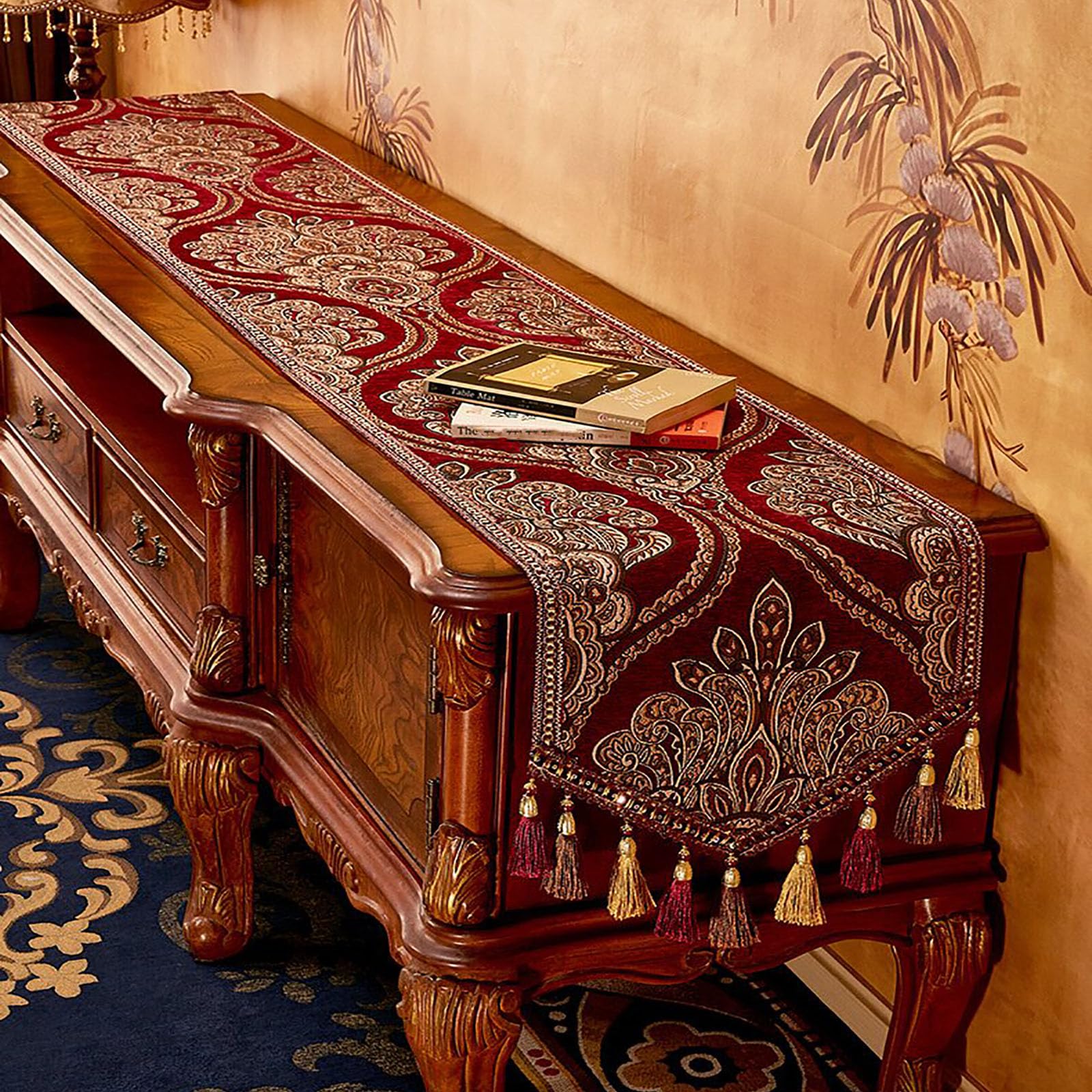 Camino de mesa europeo Sle con borlas, 13.7 x 63 pulgadas, camino de mesa de centro para comedor, tocador, mueble de TV y zapatero, accesorio Dets