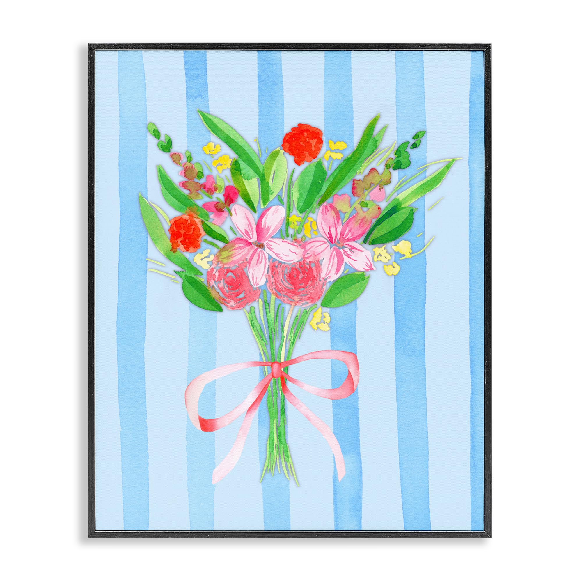 Stupell Industries Midnight Black (Textured) 'Blue And Pink Bouquet & Bow'| Framed Giclee Art