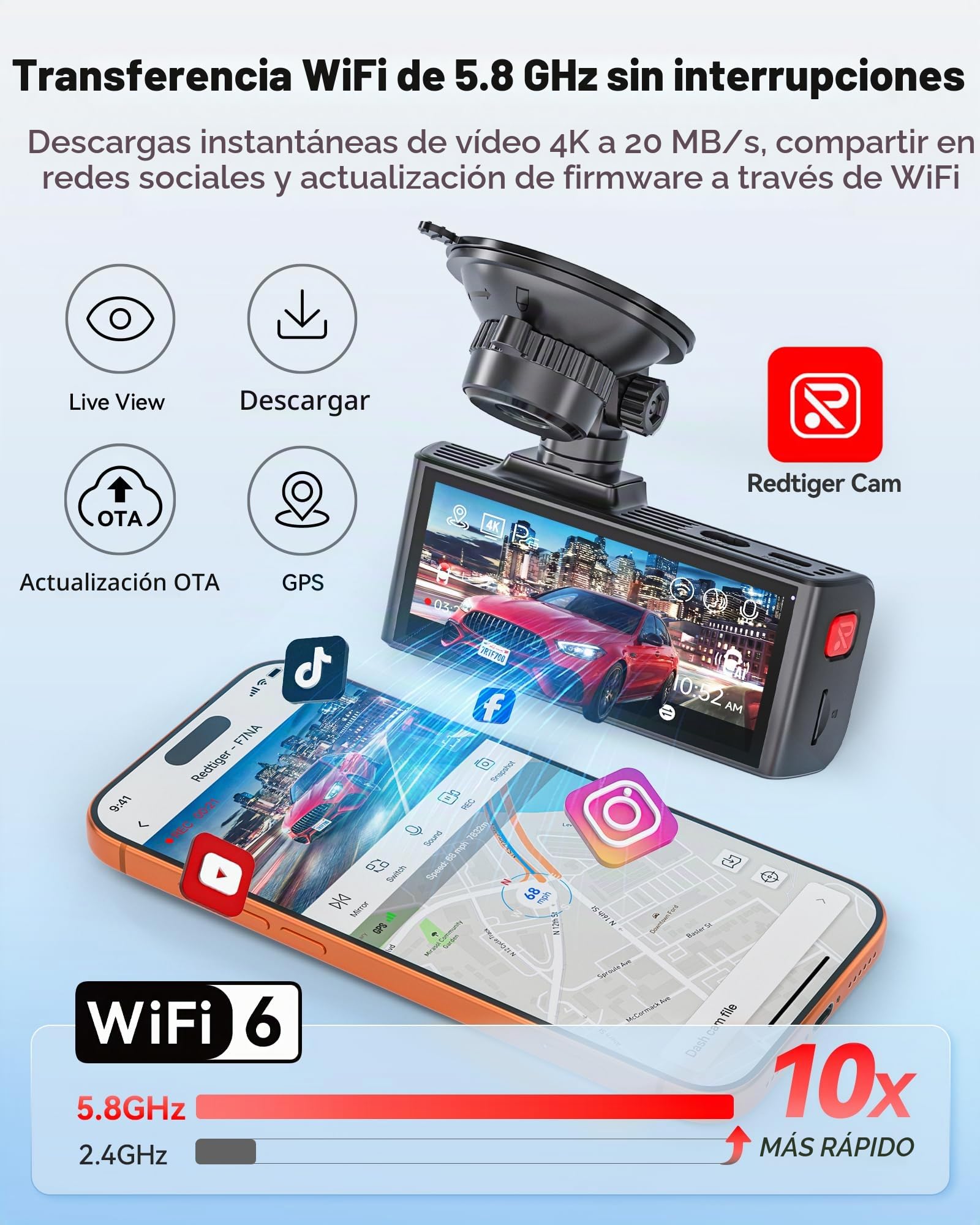 REDTIGER F7NA Cámara Dual de Tablero 4K, STARVIS 2 IMX678, 8MP, WiFi de 5GHz (Descarga Rápida de 20MB/s), 4K Delantera 1080P Trasera, GPS, Control de Voz, WDR, Visión Nocturna HDR, Modo de