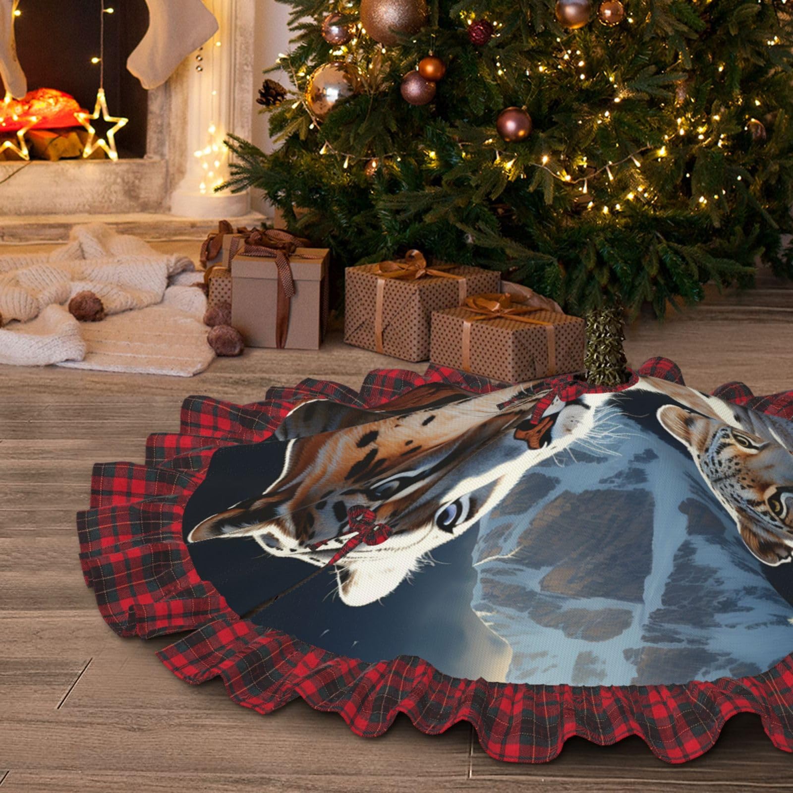 Tapis de sapin de Noël imprimé lions de montagne doux 122cm