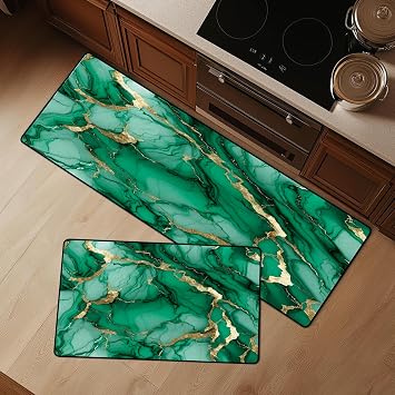 Green and Gold Kitchen Rug 2 PCS Marble Kitchen Mats Set Washable Abstract Emerald Green Runner for Floor Sink Laundry Dining Room Hallway Home Office, 20"x31.5"+ 20"x47"