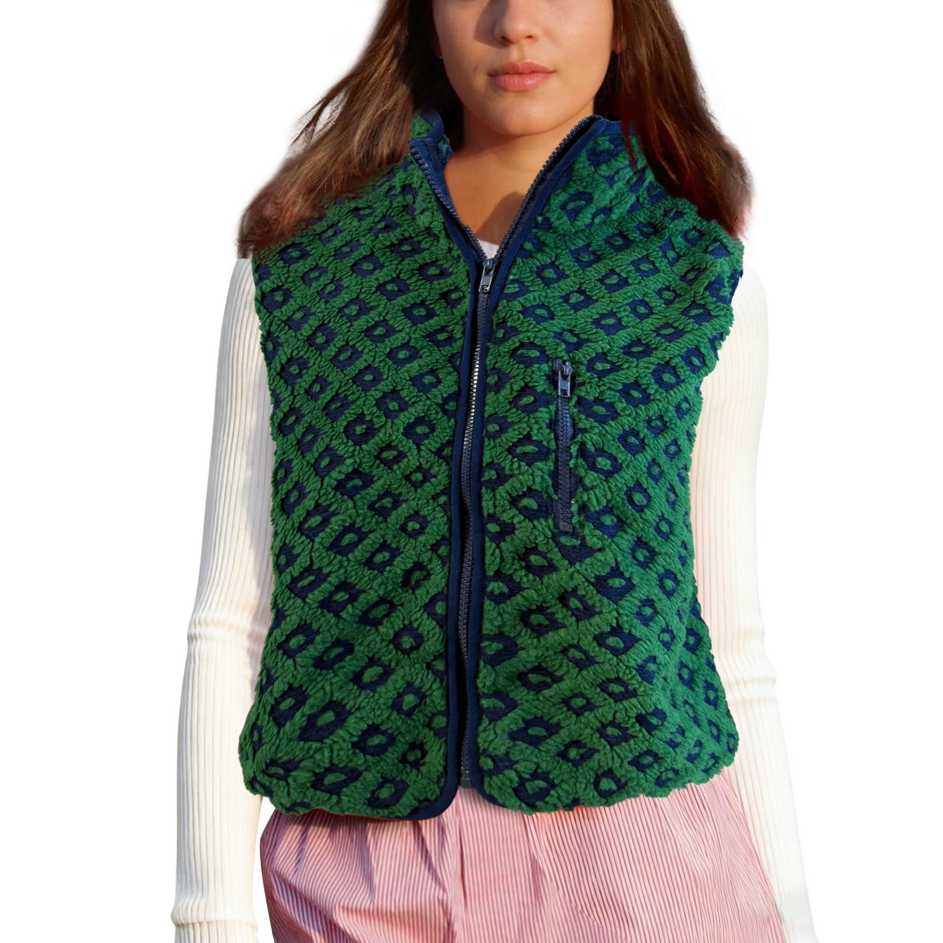 Songling Womens Checkered Sherpa Vest Fleece Winter Sleeveless Coat Zip Front High Neck Plaid Gilet with Chest Pockets