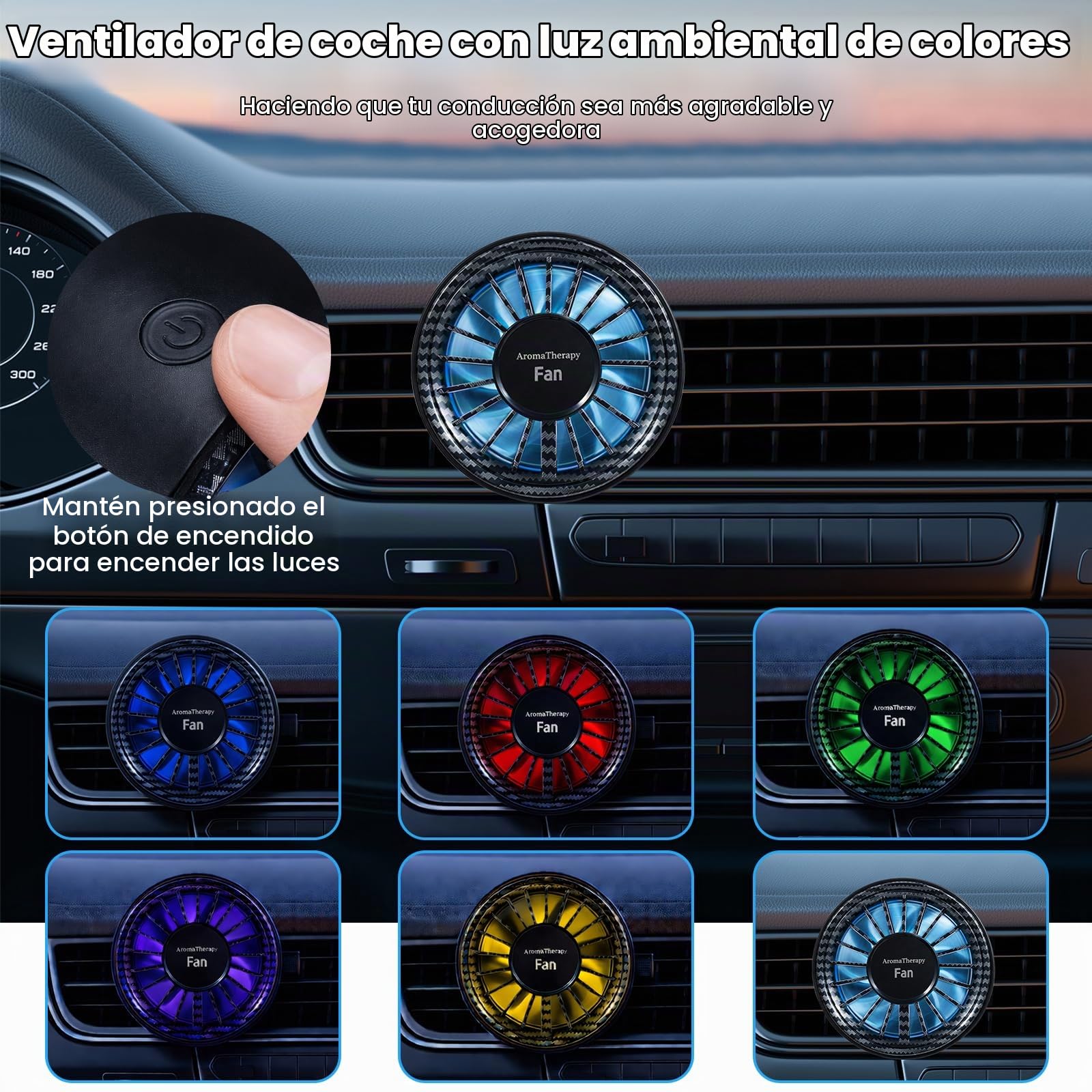 Ventilador de Coche con Luces LED Multicolor y 3 Discos de Algodón Perfumados, Ventilador USB para Rejilla de Ventilación 3 Velocidades, Mini Ventilador de Coche para Coches, SUV, Camiones