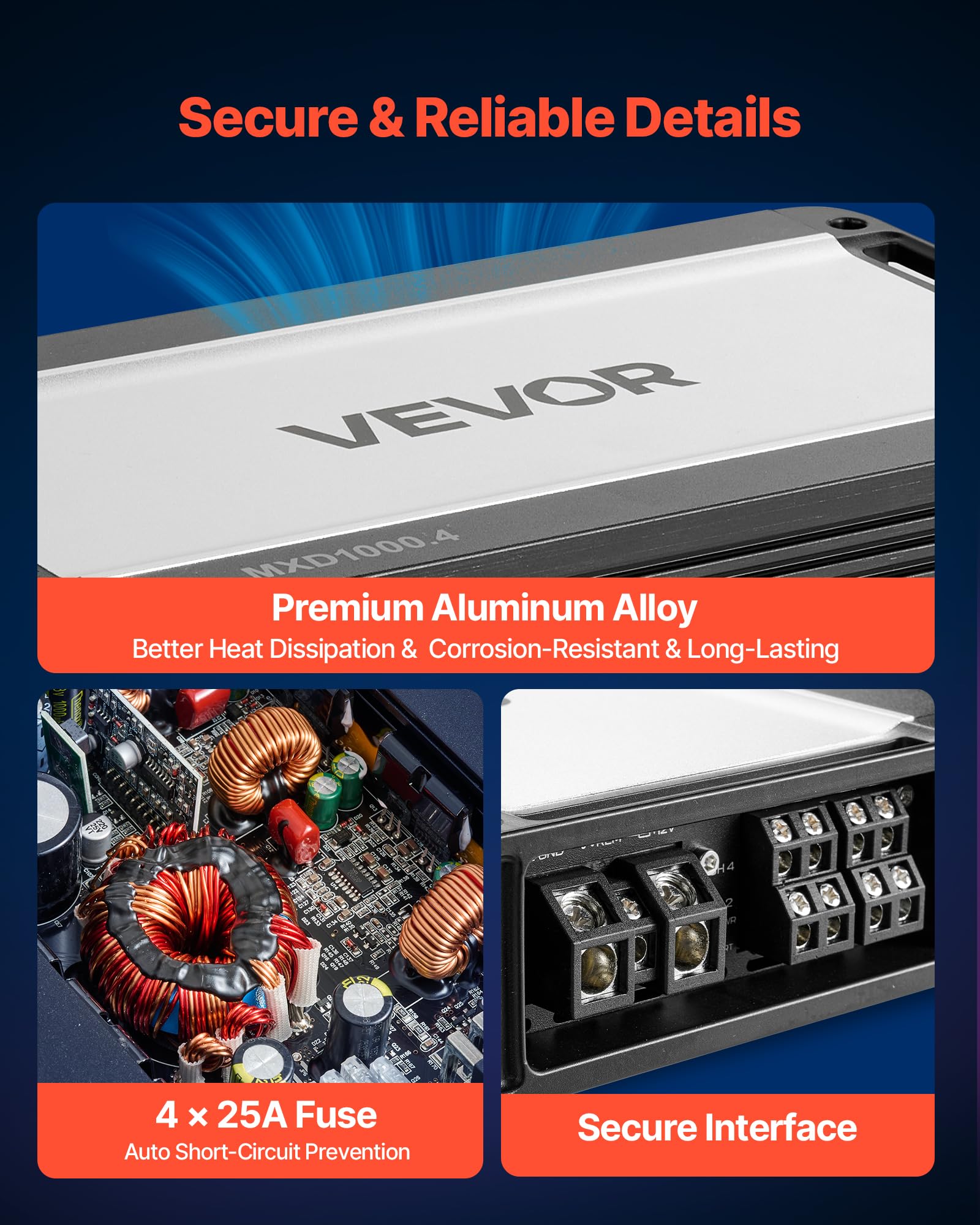 VEVOR Amplificatore Audio per Auto a 4 Canali Potenza a Ponte di Classe D max. 4x500 W a 4 Ohm/4x1000 W a 2 Ohm, Amplificatore per Vericoli Multicanale 14,4V CC Larghezza di Banda 15 Hz-30 kHz