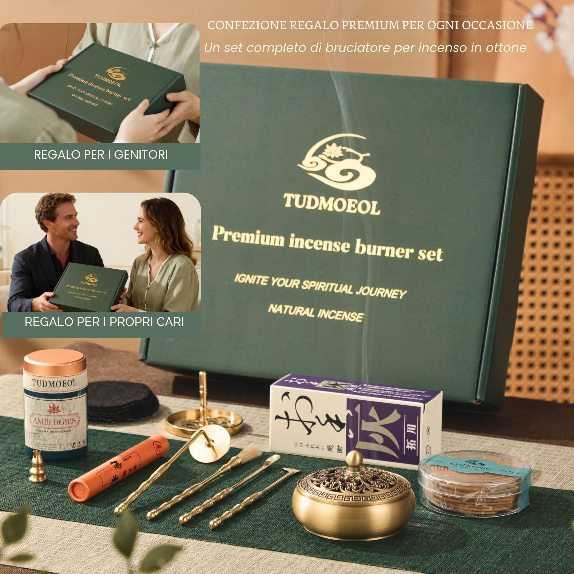 Kit bruciatore di incenso in polvere con incensiere in ottone, strumenti per ceneri di incenso e pressa per stampi, confezione regalo completa per meditazione, yoga e relax a casa