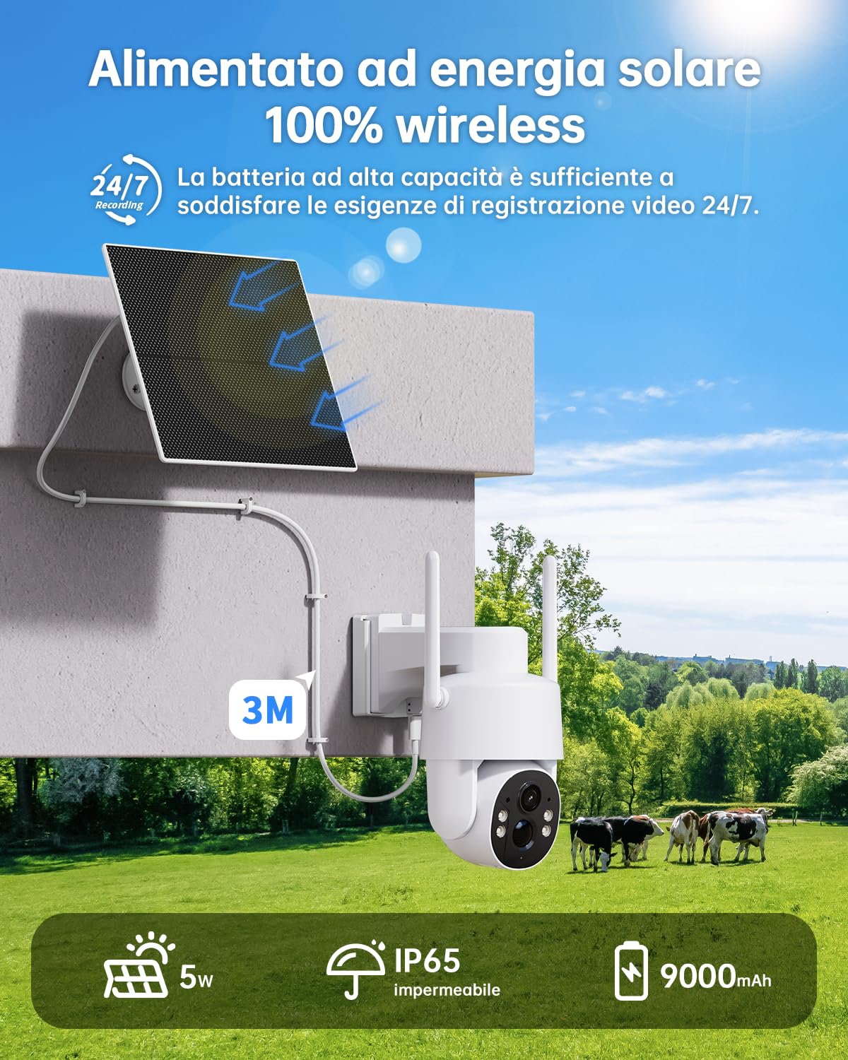 Tical 24/7 Registrazione AOV 4G Telecamera Esterno con SIM, 2.5K/4MP HD | Telecamera Solare con Batteria 9000mAh Pannello Solare, AI Rilevamento Umano, 360° PTZ Visione Notturna a Colori, IP65,Bianco
