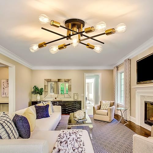 Miniatura 5 de UOFUS Lámpara de techo semiempotrada de 7 luces mate con base E26, moderna lámpara de techo negra y dorada de mediados de siglo para granja,