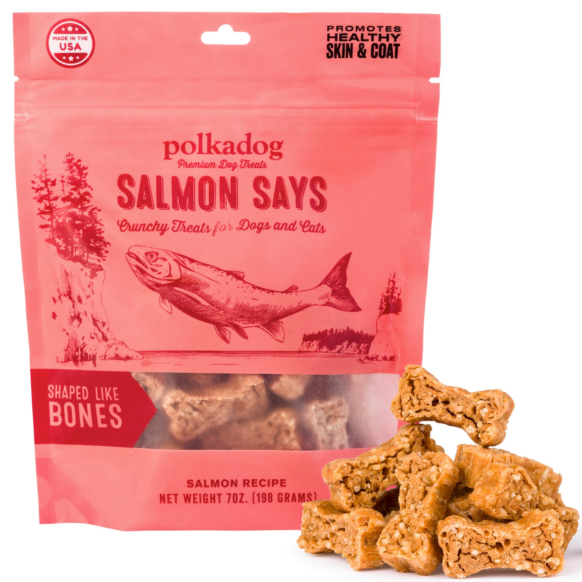 Polkadog Salmon Says Bone Shaped Dog Treats – Crunchy, All Natural, Limited Ingredient Healthy Treats. Handcrafted & Made in USA. High in Omega-3,