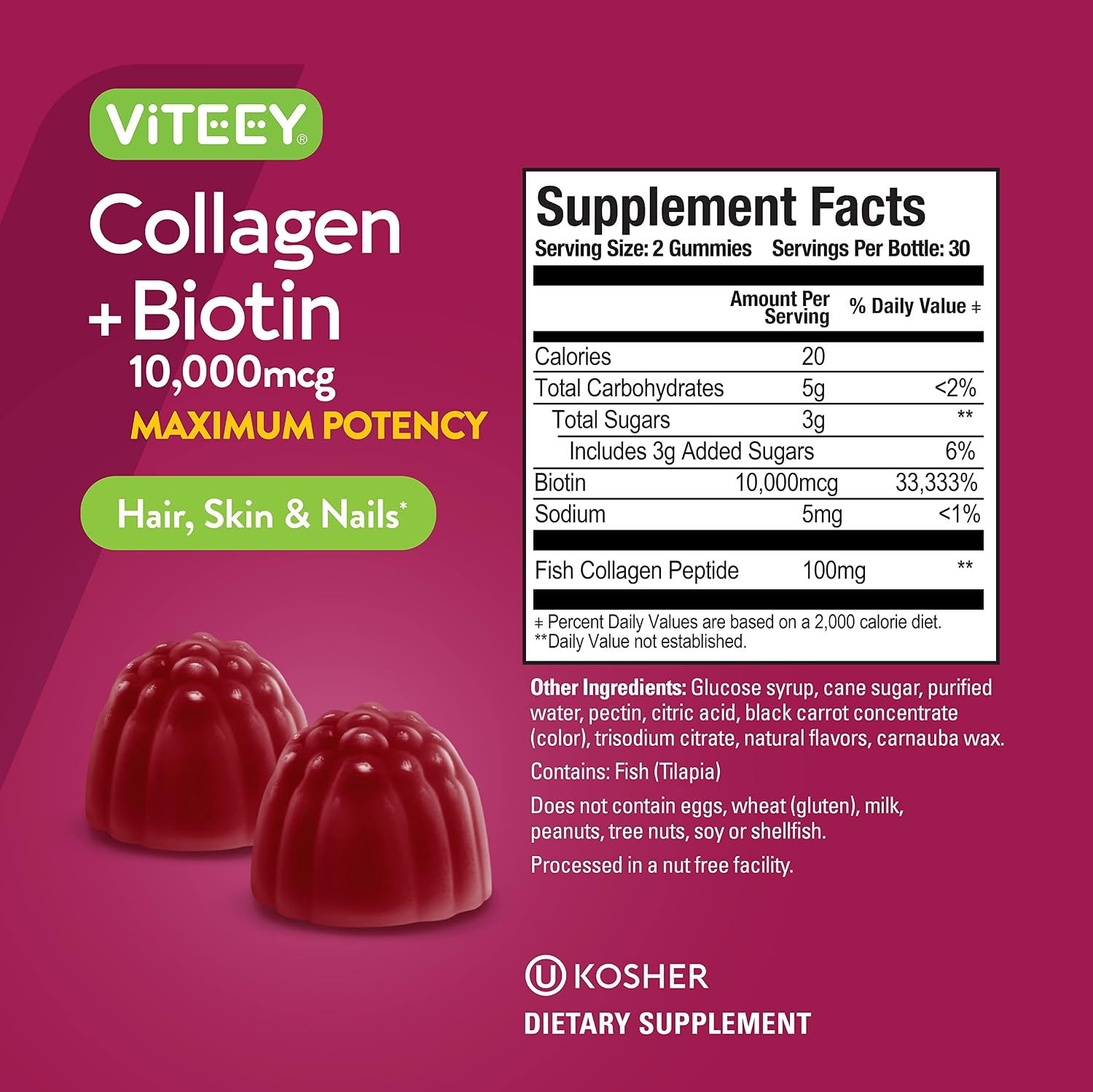 Collagen with Biotin 10,000mcg Gummies - for Hair, Skin & Nails Support, Maximum Potency - Dietary Vitamin Supplements for Adults, Teens, & Kids - Gluten Free & Non GMO, Chewable Raspberry Flavored