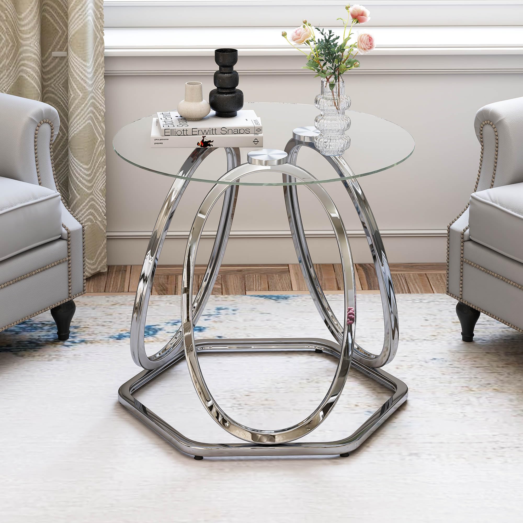 O&K FURNITURE Glass End Table, Modern Silver End Table Living Room Table with Hexagonal Base, Round End Table for Home&Office, Chrome Finish, 1 PC