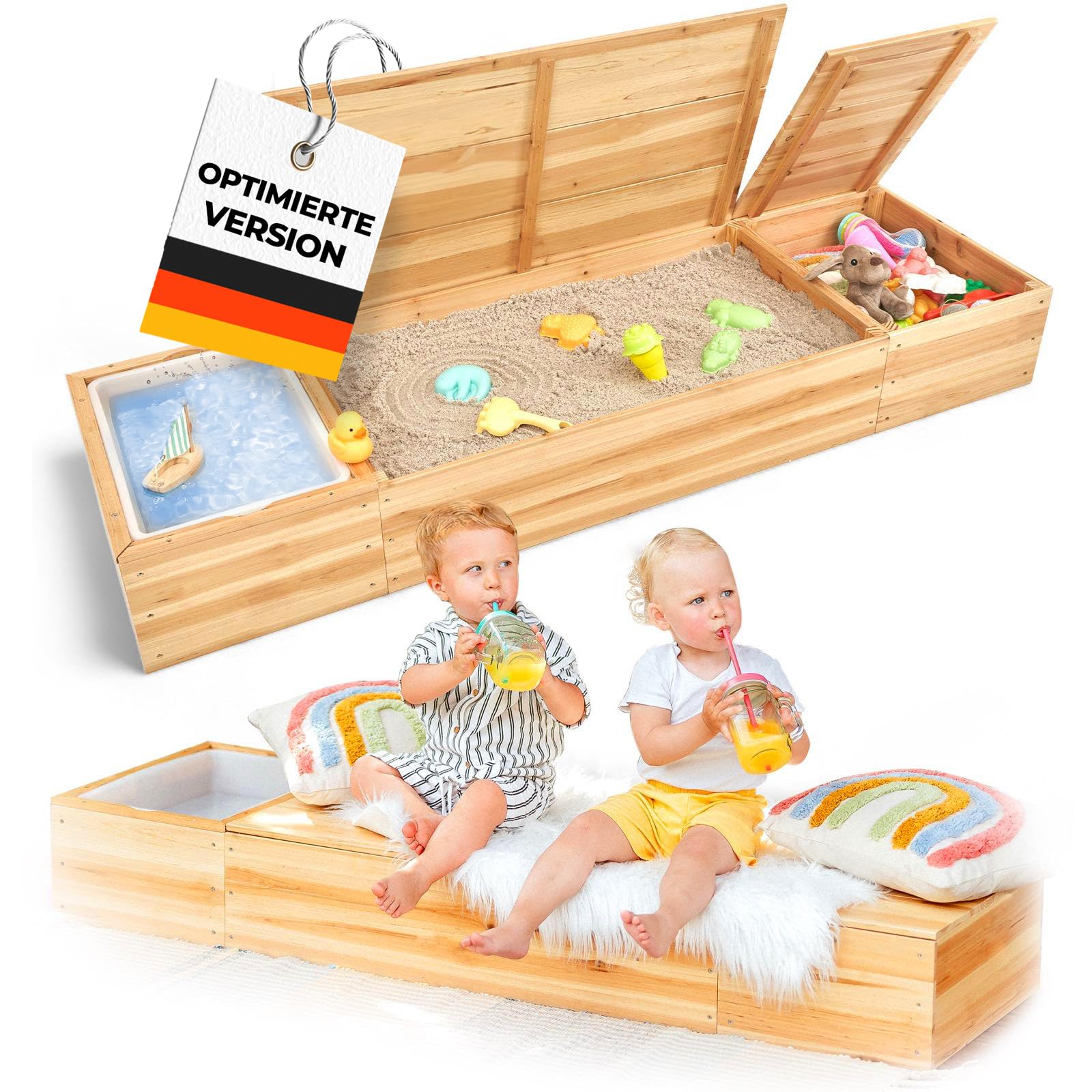 Sandkasten mit Abdeckung 150x45cm – 4 in 1 Sandbox mit Deckel aus lasiertem Massivholz für Balkon, Terrasse & Garten – Matschküche, Sandfach, Staufach, Sitzbank & Vlies, ab 1 Jahr