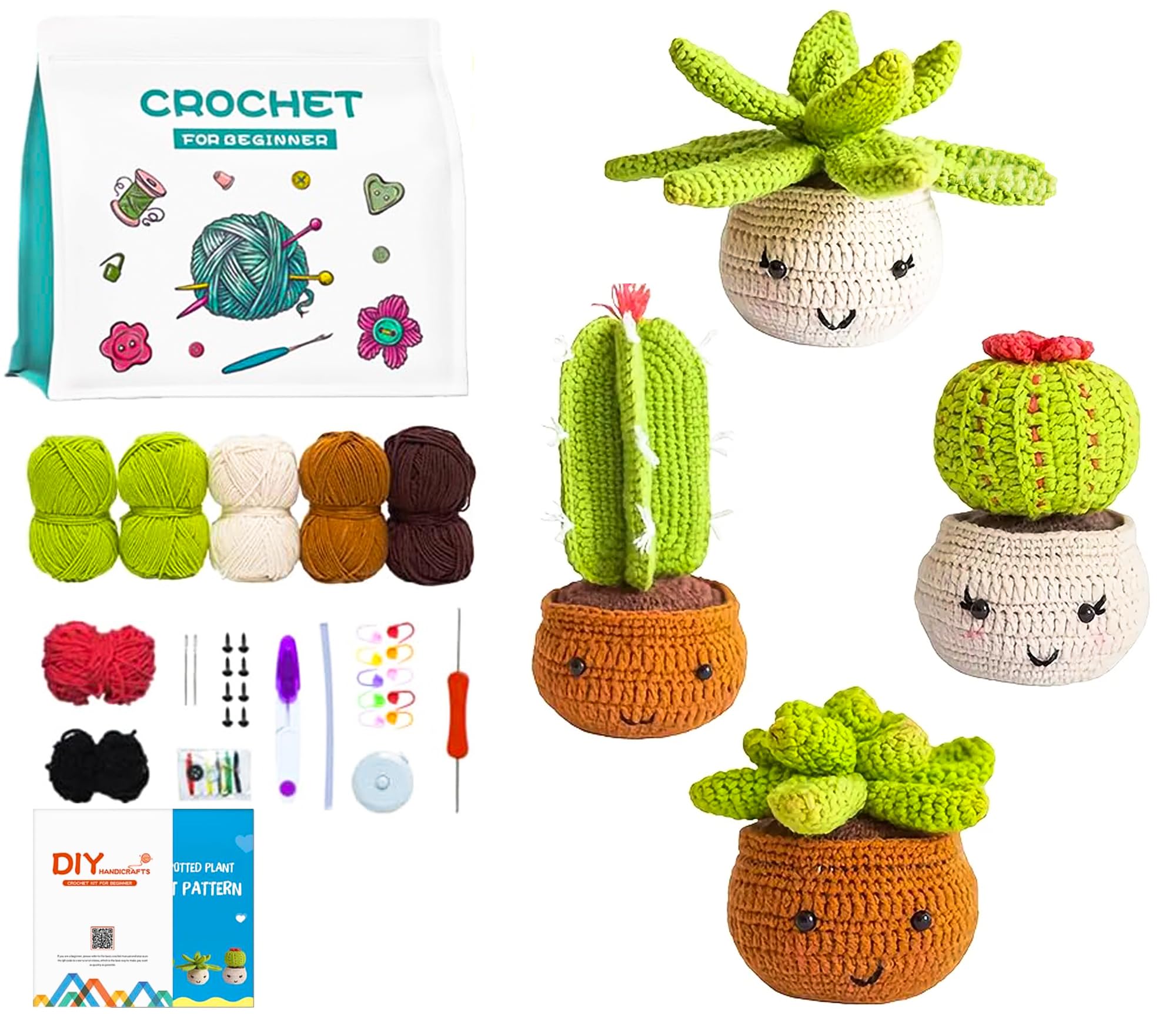 Meygajoe Crochet Kit for Beginners - Beginner Crochet Starter Kit with with Easy to Follow Video Tutorials, Learn to Crochet Kits for Adults and Kids, DIY Knitting kit, 4 Pack Plants Family