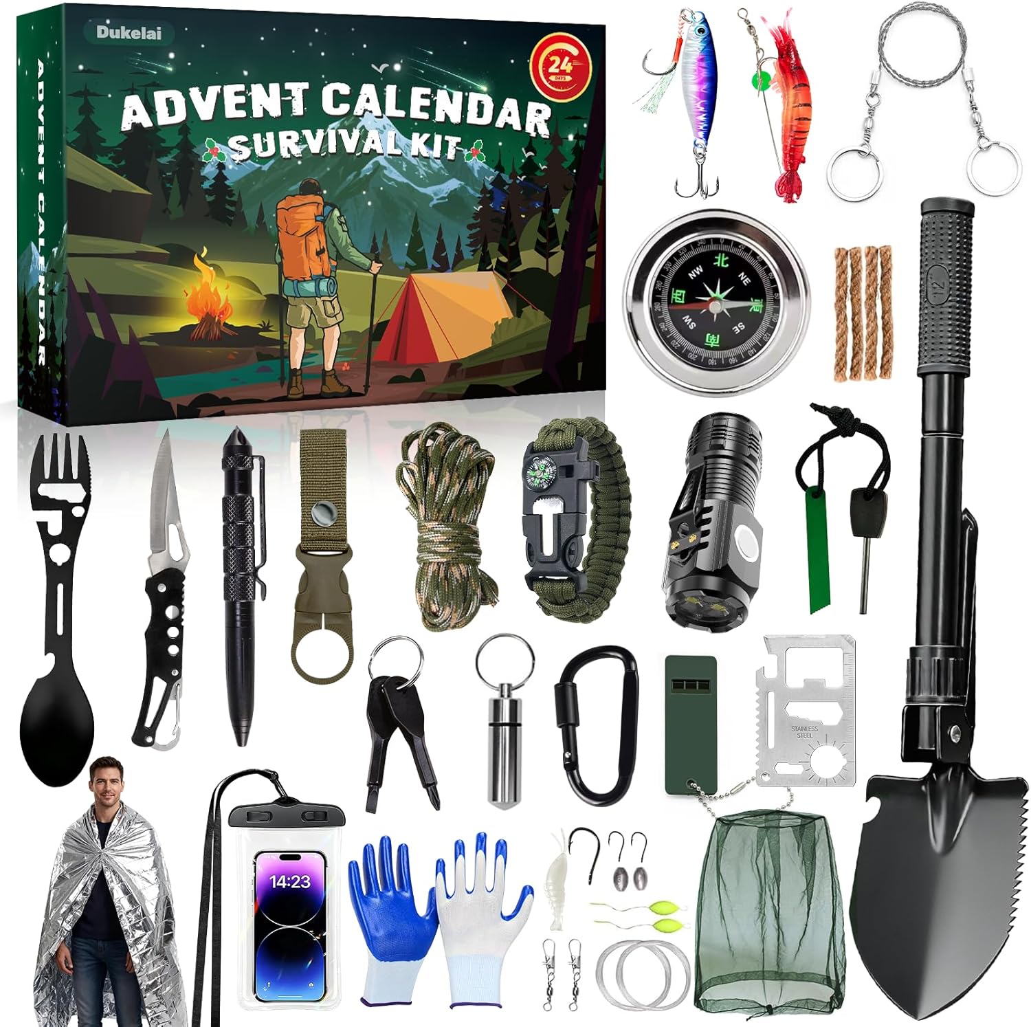 Survival Kit Advent Calendar 2025, 24 Days Christmas Countdown for Camping Fishing Hiking Adventures Xmas Holiday Surprise for Outdoor Enthusiasts Adult Men Teen Boys