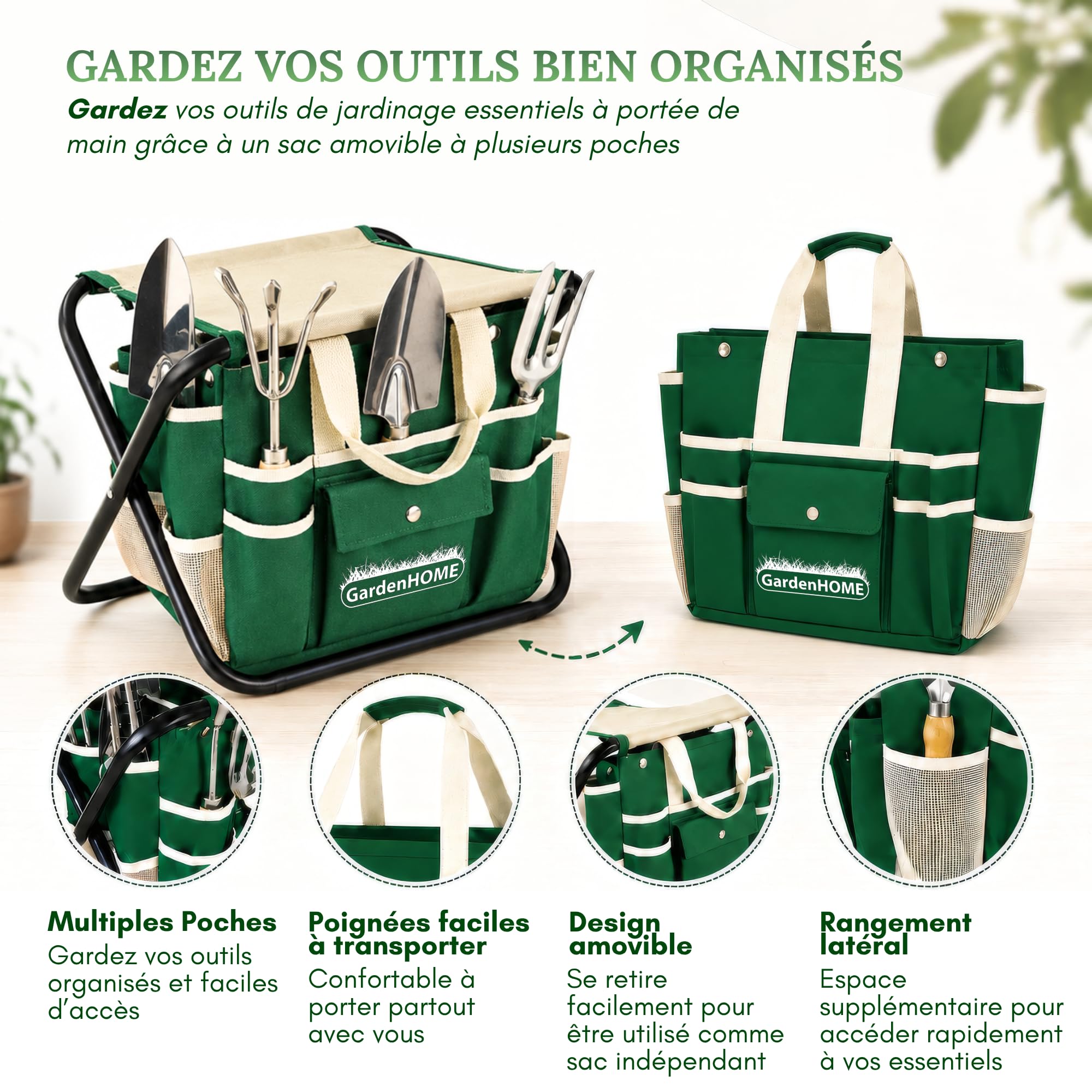 GardenHOME Kit Complet d'Outils de Jardinage - 7 Pièces, Acier Inoxydable Robuste, Tabouret Pliant Solide, Sac à Outils Détachable