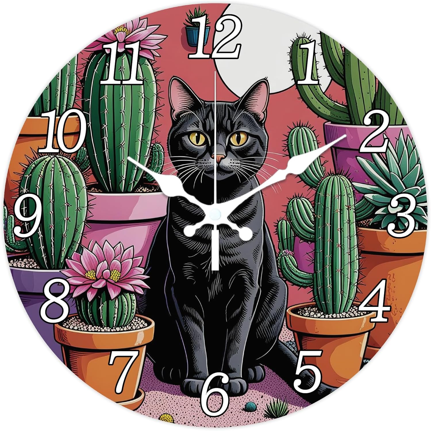 CHGCRAFT Black Cat Wall Clock 12 Inch Cactus Clock Round Decorative Clocks for Bedroom Living Room Kitchen Office