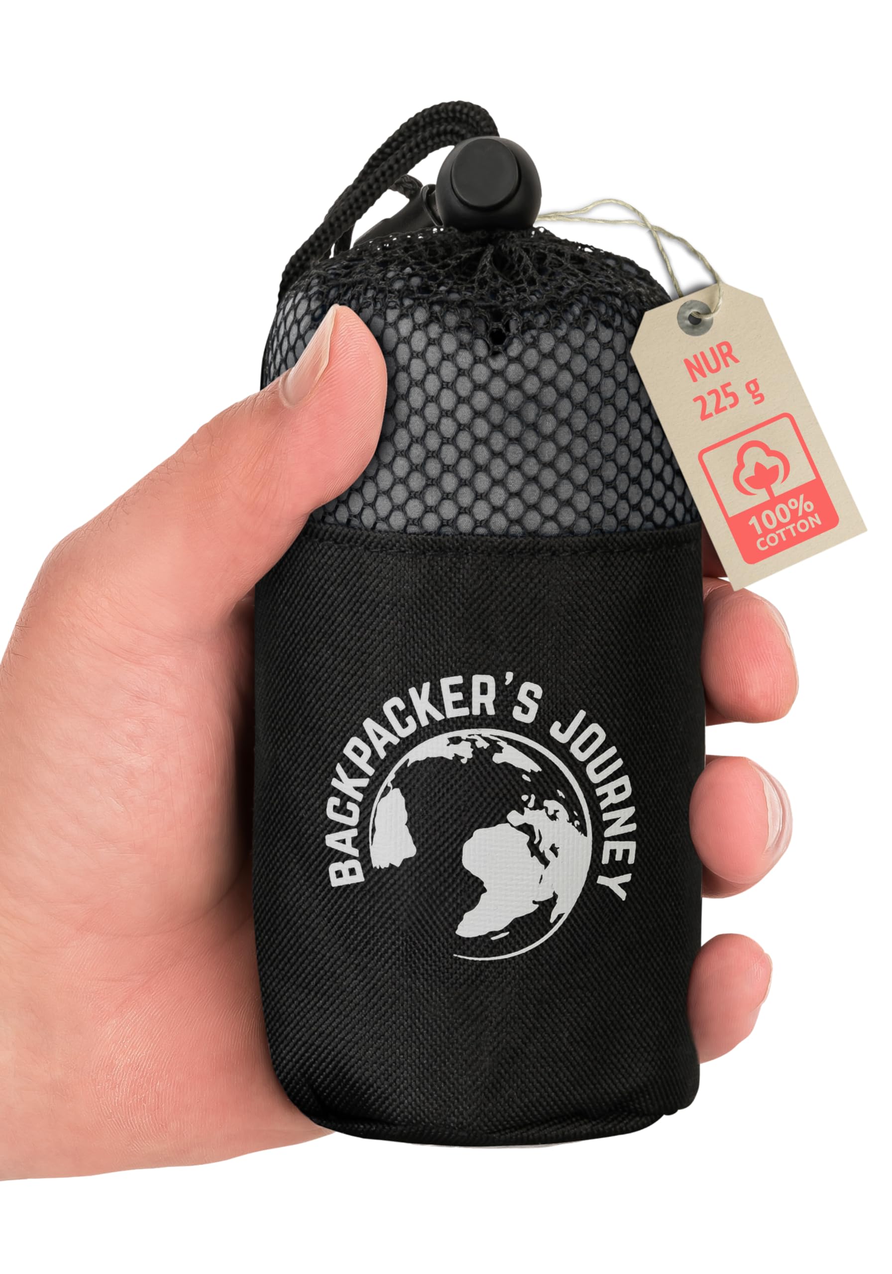 Backpacker's Journey Hüttenschlafsack Ultraleicht (nur 265g) aus 100% Baumwolle. Hygieneschlafsack ohne Reissverschluss (Keine Wärmeleistung) - Grau
