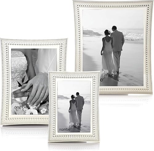 Miniatura 2 de nambe Marco de fotos con cuentas, 5 x 7 pulgadas, marco de fotos con vidrio templado, diseño vintage y contemporáneo, exhibición de mesa para