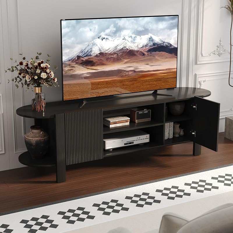 65 Inch TV Stand for Up to 75 inch TVs, Fluted Entertainment Center with Adjustable Shelve, Curved Round Corner TV Console Table with Storage for Living Room, Bed Room (Black) image 3