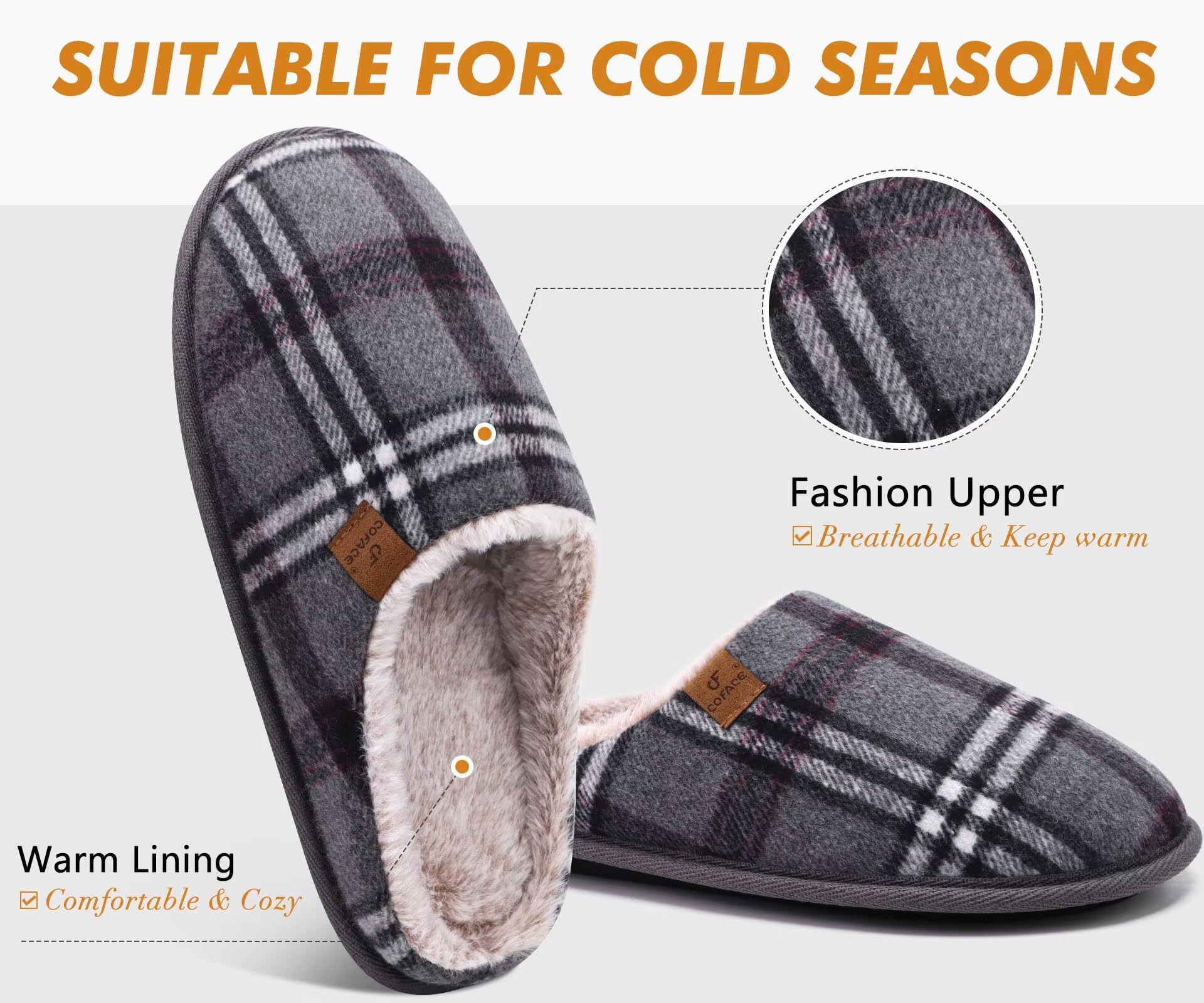 Chaussons Homme Pantoufles à Carreaux Hiver Chaussures Chaudes pour La Maison en Mousse à Mémoire de Forme, Laine en Peluche Doublée avec Semelle en Caoutchouc Antidérapante