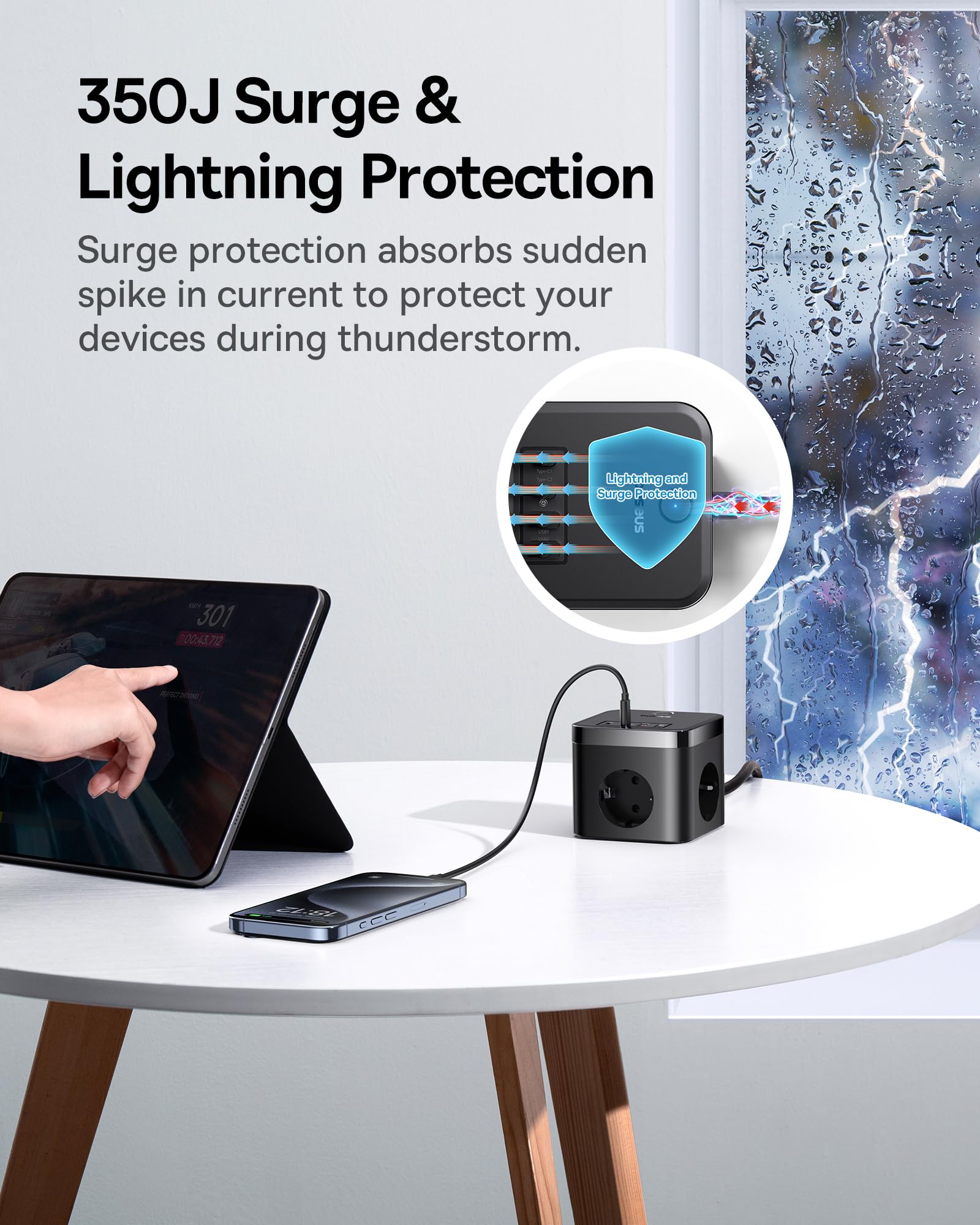 Baseus GaN5 listwa zasilająca USB C, 30 W, kostka, ładowarka USB C, 3-krotne gniazdko z przełącznikiem, przenośna ładowarka PD do MacBook, iPad, iPhone 17/16/15/14/13/12, Galaxy, gry, domu, biura