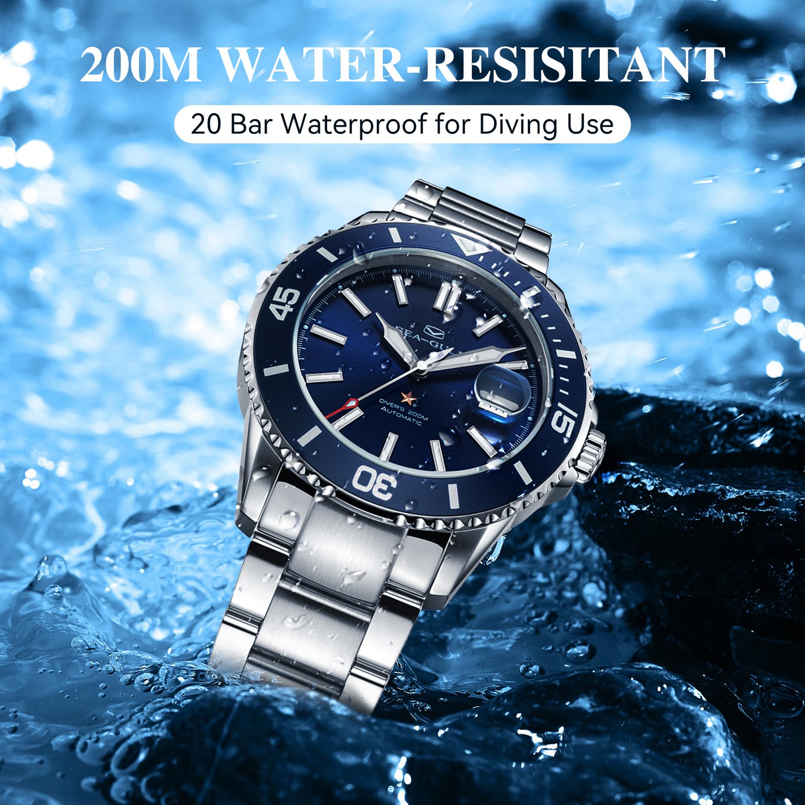 Seagull Herren Automatik Mechanische Taucheruhr Edelstahl Wasserdicht Business Dress Luminous Kalender Armbanduhren 44mm Ocean Series