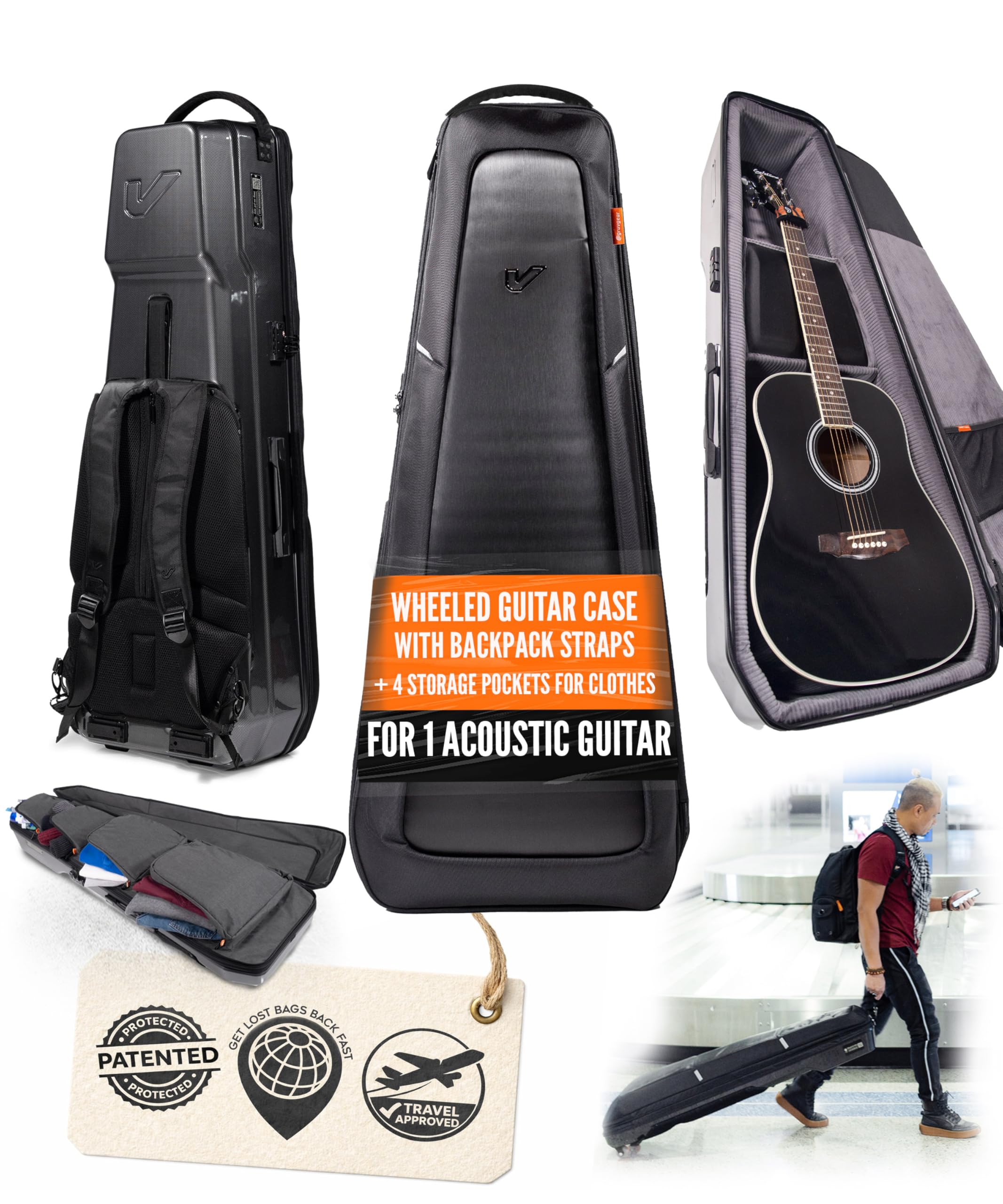 Gruv Gear Acoustic Guitar Case Hard, Patented Acoustic Guitar Gig Bag with Adjustable Backpack Straps, Easy Rolling Wheels, Travel Approved, Multiple Pockets for Guitar Accessories, Holds 1 Instrument