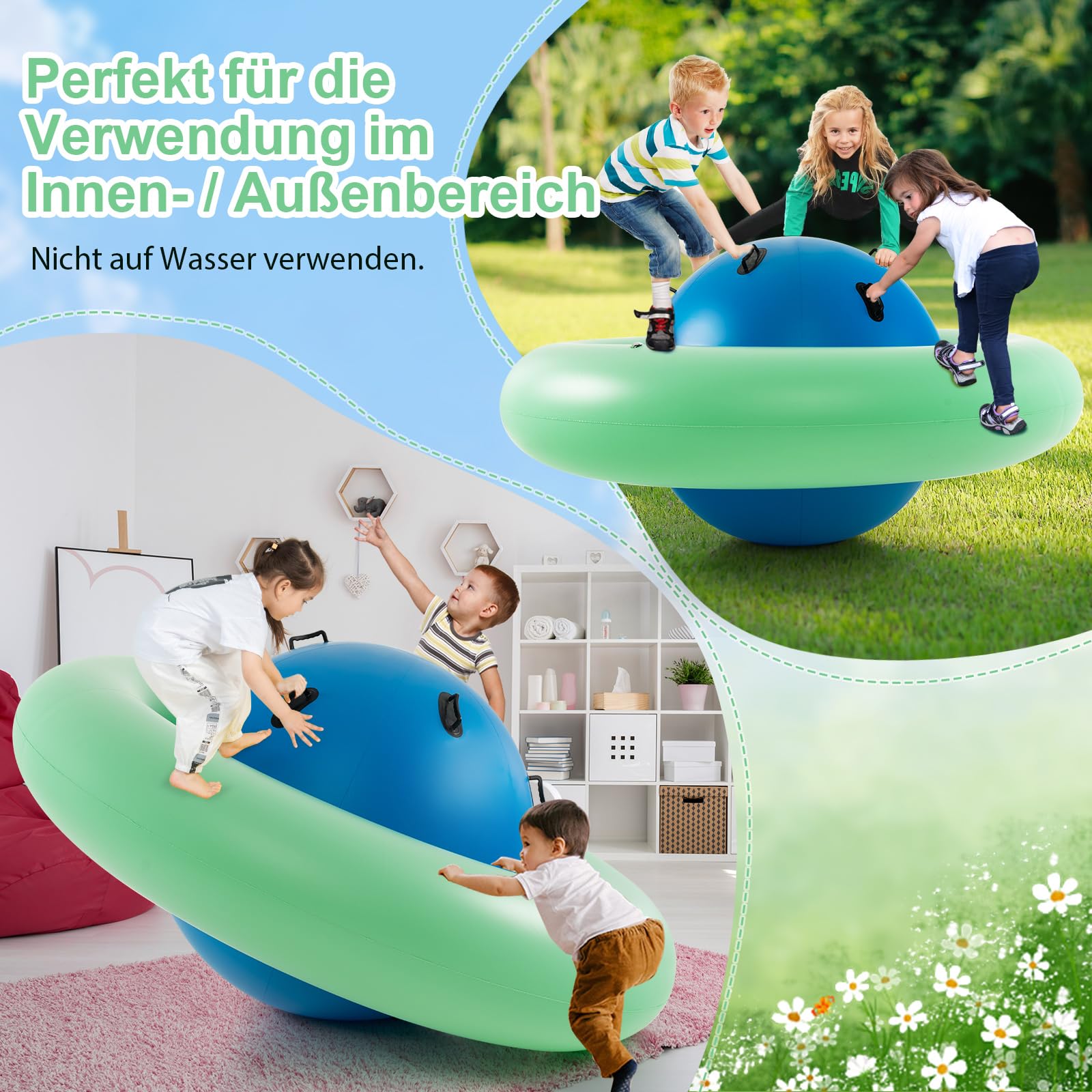 DREAMADE 233cm Kuppelwippe aufblasbar, Spielwippe mit 6 Griffen, aufblasbar Kletterkuppel für 3 Kinder ab 5 Jahren, bis zu 113kg, für Hinterhof Garten (Blau + Grün, φ 223)