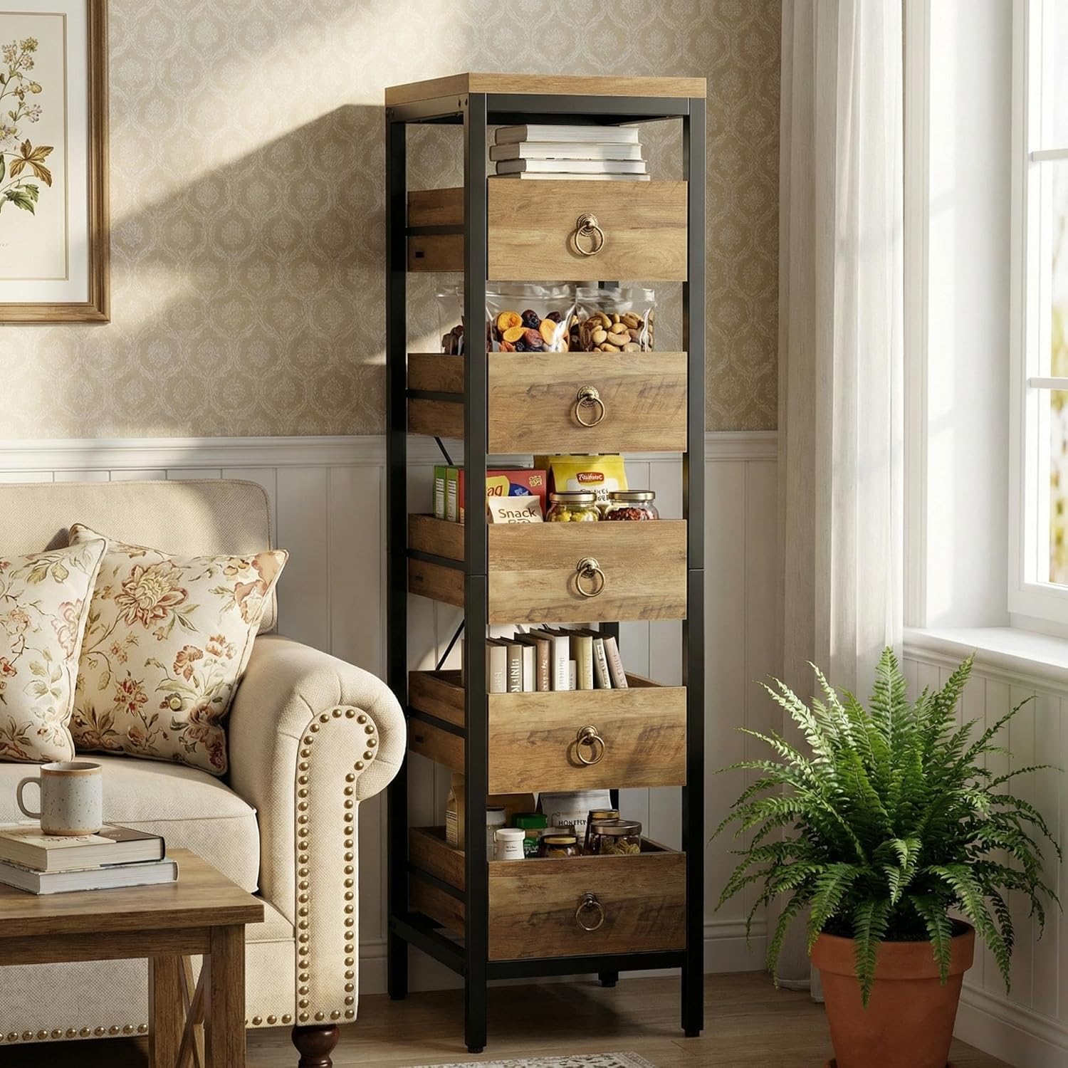 Bibliotheque Meuble de Rangement en bois,Étagère de Rangement Cuisine avec 5 tiroirs,Organisateur de Rangement en Cadre métallique pour cuisine,salon,salle de bain,Bureau(114X40X30cm,Naturel)