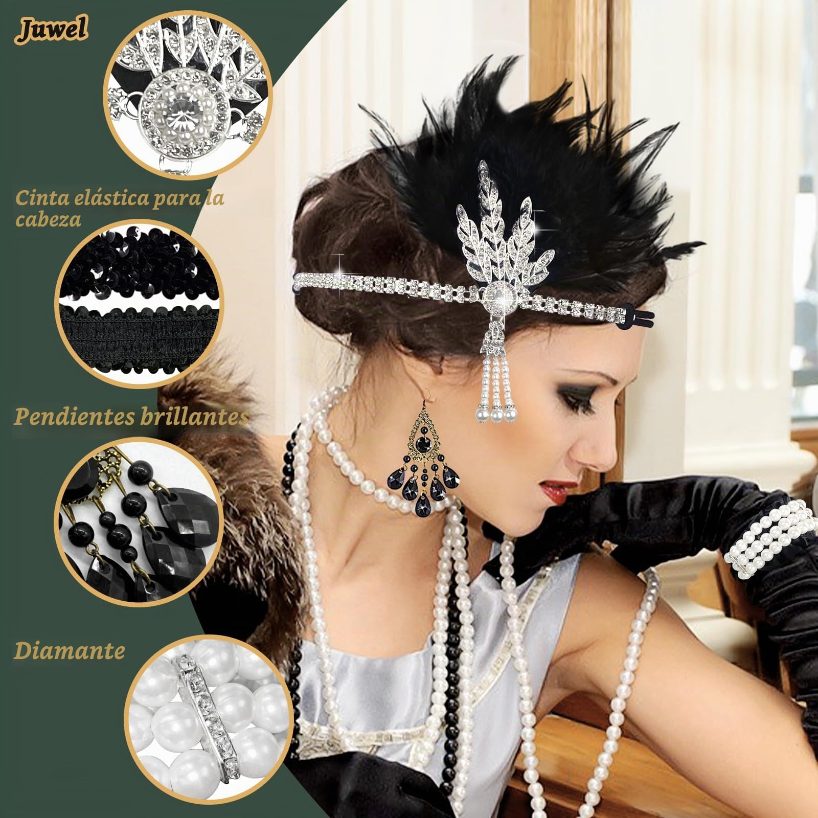 Disfraz de los años 20 para mujer, vestido con flecos de los años 20, vestido de mujer de los años 20, cuello en V de los años 20 con accesorios de los años 20, collares y pendientes, para fiestas de