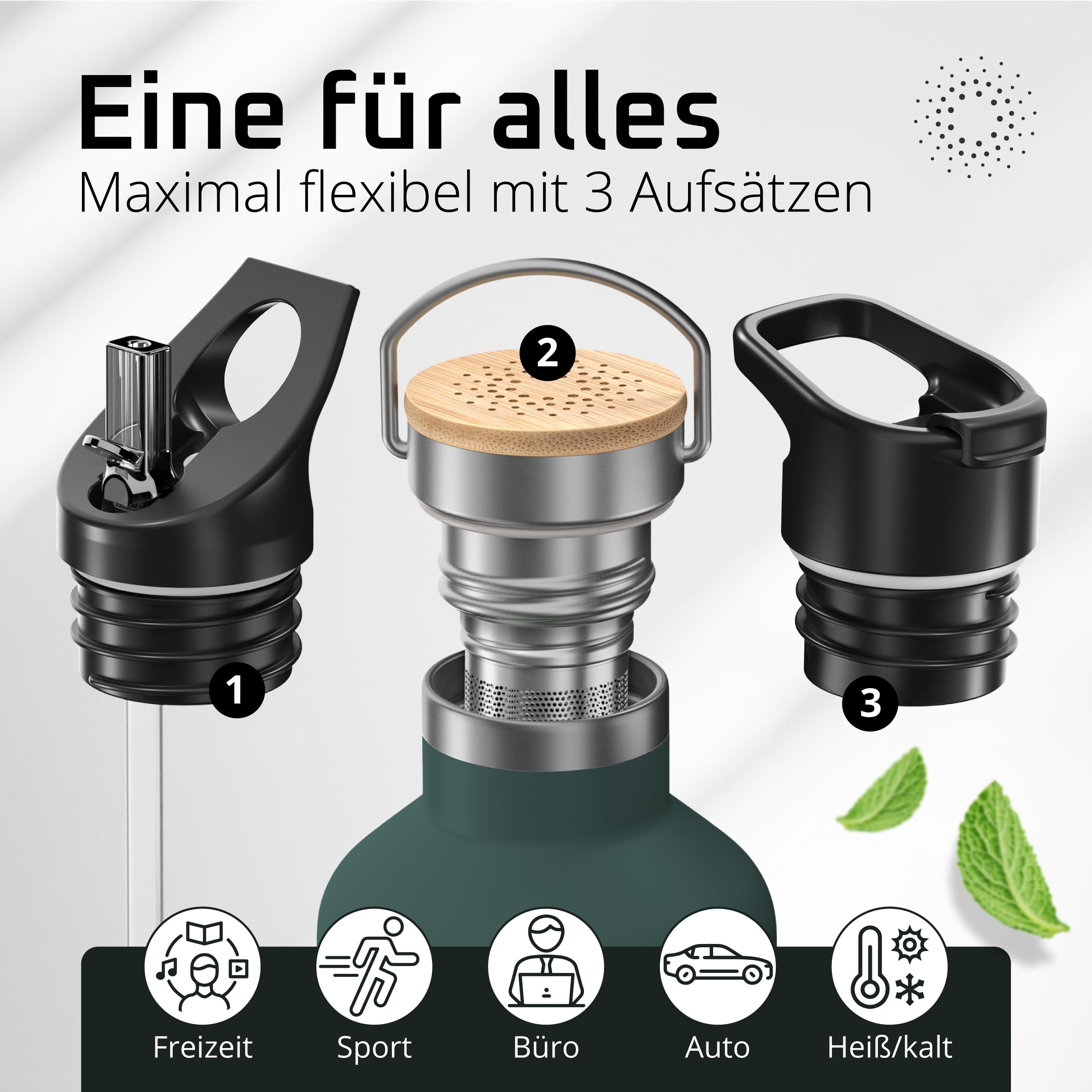 Trinkflasche Edelstahl mit Strohhalm, Infuser + 3 Deckel: BPA-frei, Auslaufsicher, Kohlensäure geeignet - Wasserflasche Fahrrad Thermosflasche Isoliert Isolierflasche Sport Wasser Flasche Kinder Tee