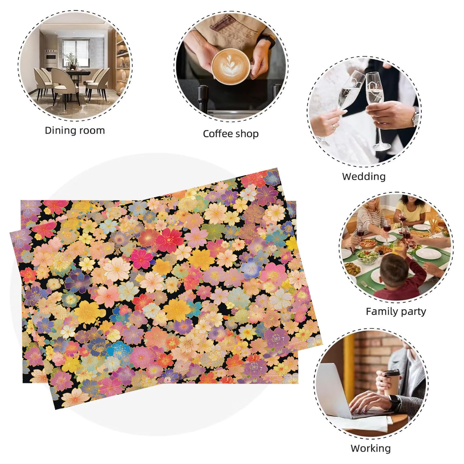 Set de Table Dessin animé - 8 Pièces Tapis de Table Petit Motif Floral en Coton et Lin 45×30cm Lavable Placemats Rectangulaire pour Salle à Manger, Salon