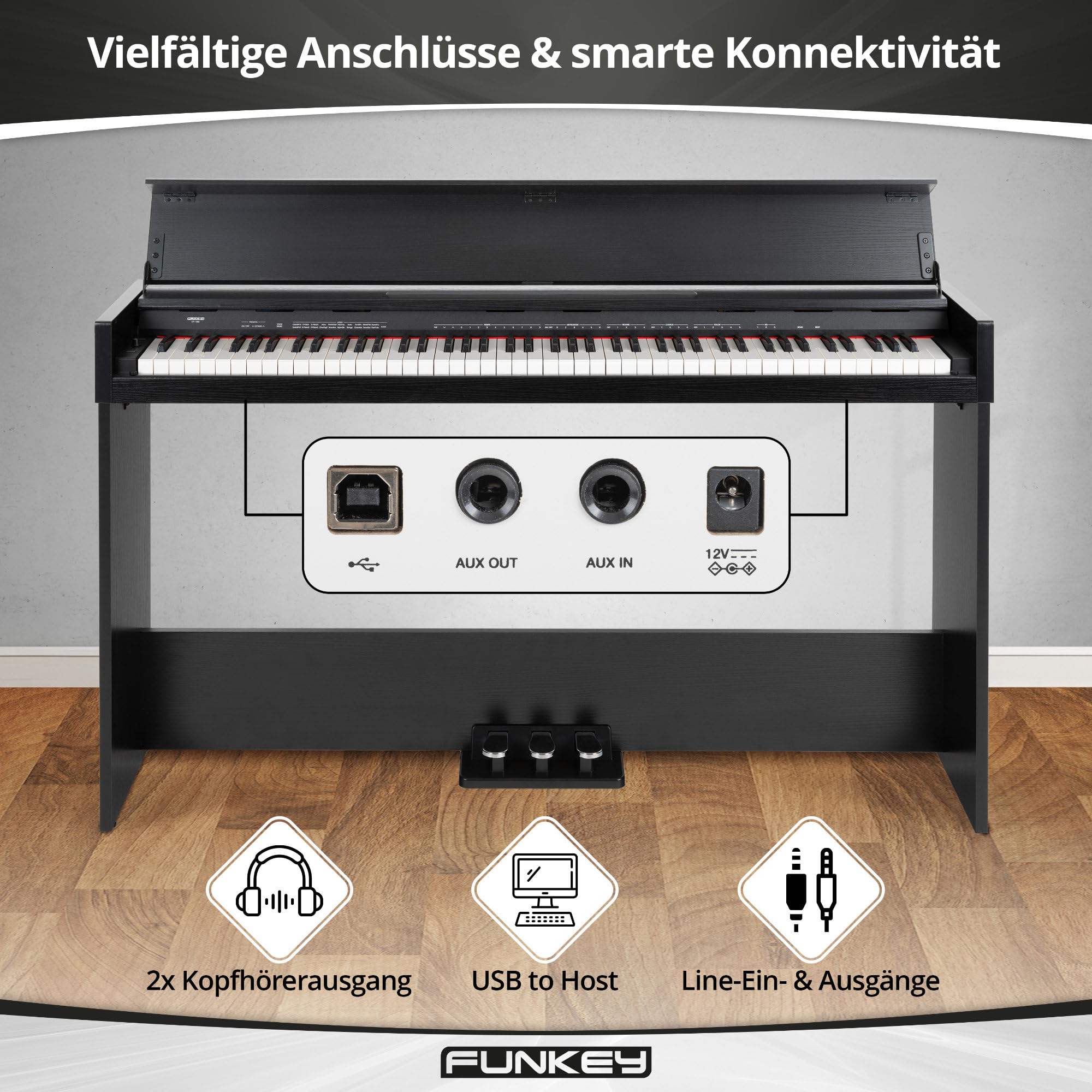FunKey DP-1088 SM Pianoforte digitale sottile Set - 88 tasti sensibili alla velocità e 3 pedali - 20 suoni - Altoparlanti stereo integrati e comprensivo di banco e cuffie - Finitura nera opaca