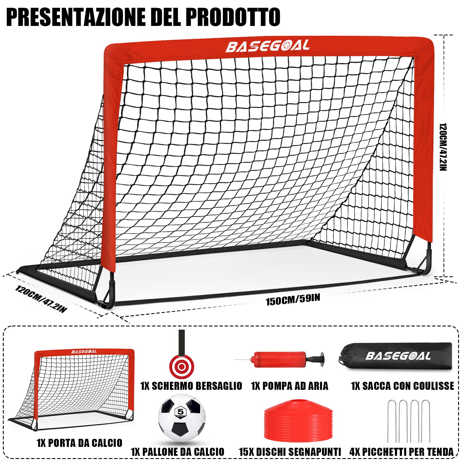 Porta da Calcio 150x120cm con Aste in Fibra di Vetro e Reti per Giardino
