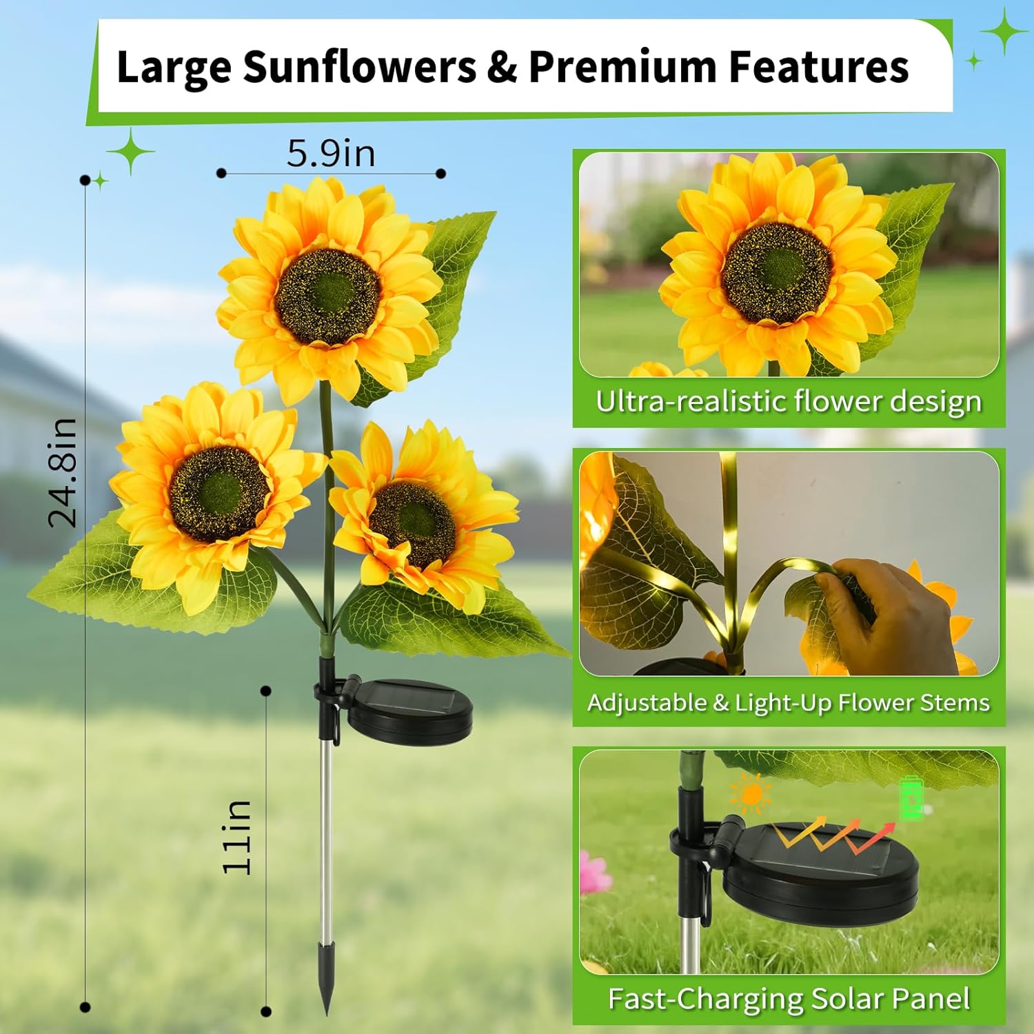 ILLUMINEW 4-Pack Solar Sunflower Garden Decor, 12 LED Flower Stake Lights - Waterproof Long-Lasting Outdoor Solar Patio Decor for Lawn, Yard & Pathway