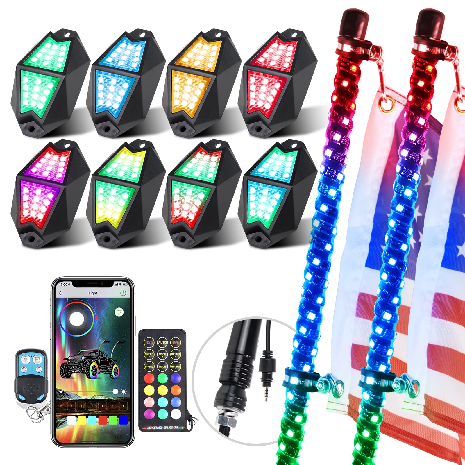 AddSafety 2PCS 4FT UTV Whip Lights and 8 Pods Rock Lights Combo with APP & Remote Control Chasing Color Offroad Warning Lighted Antenna Whips and Neon Lights Kit