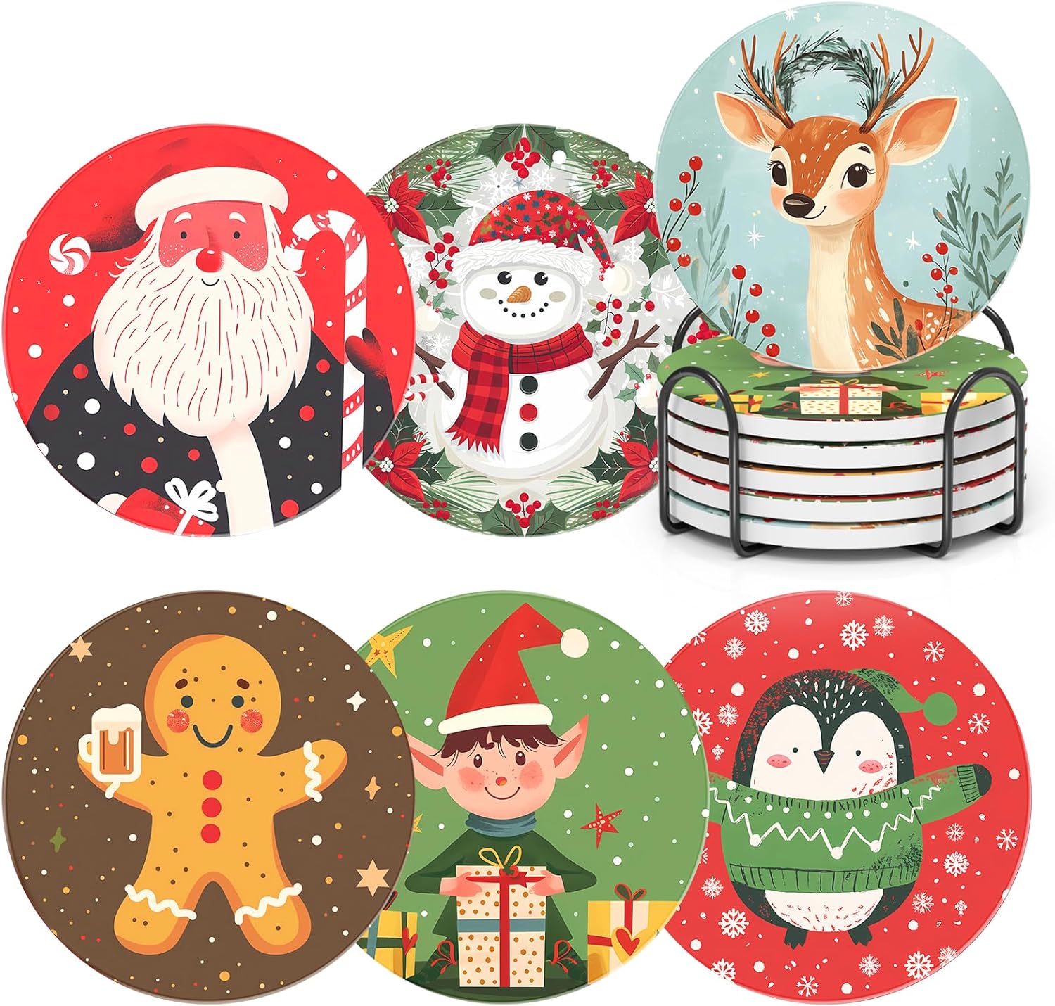 Dageusi Christmas Coasters with Metal Holder Vintage Drink