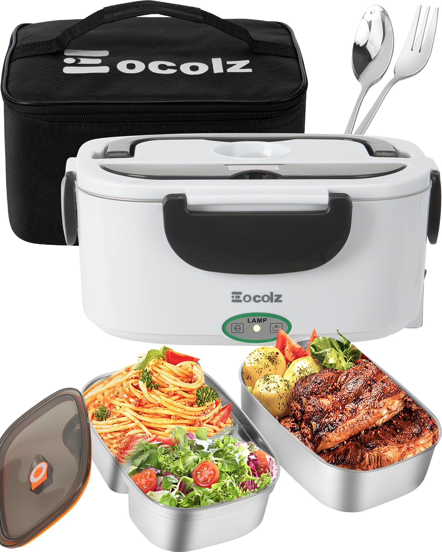 Eocolz Electric Lunch Box Food Heater 60-80W for Adults, Portable Food Warmer Heated Lunch Box for Car Truck Work with 1.5L Stainless Steel Container Fork & Spoon 12/24/110V Lonchera Eléctrica