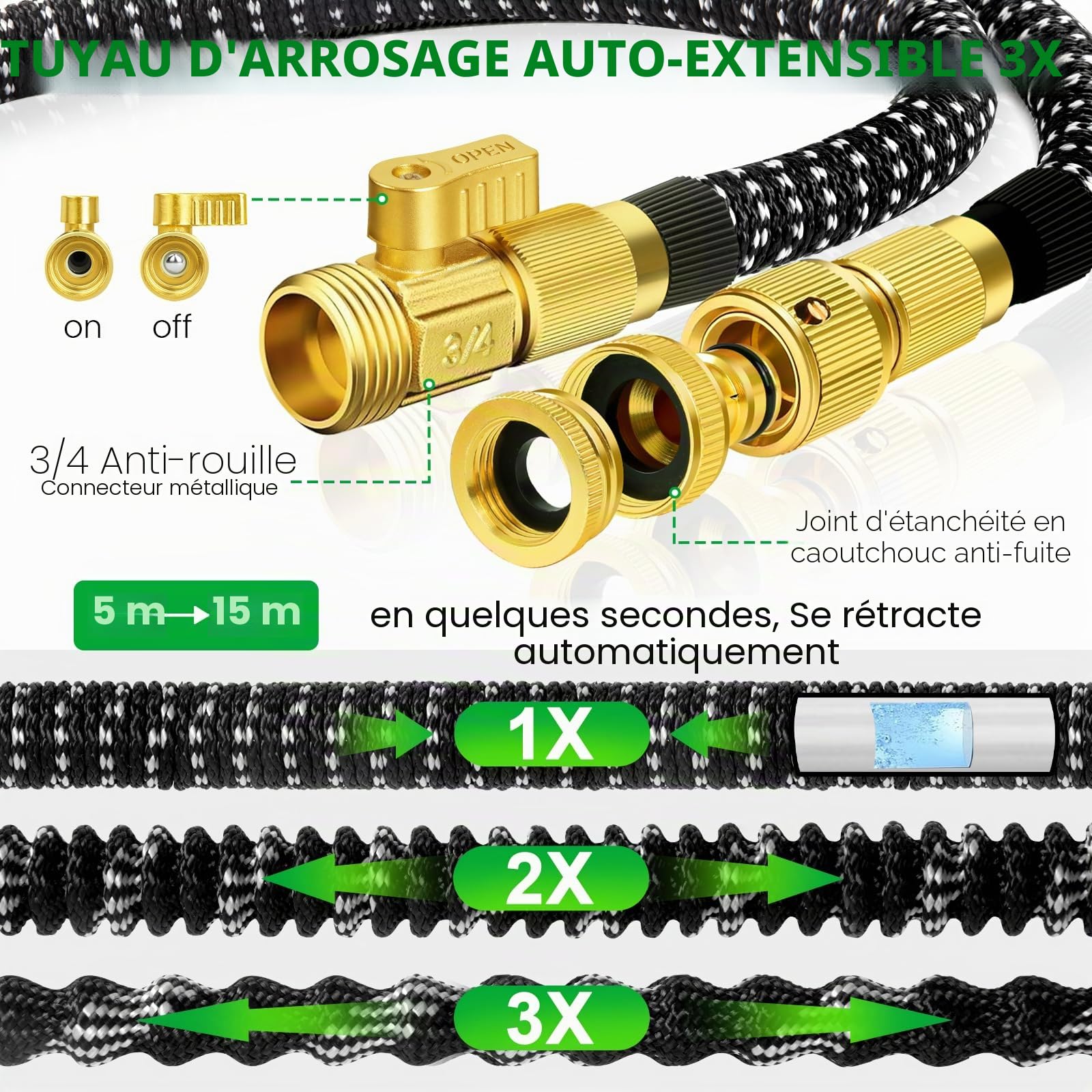Tuyau Arrosage Extensible 15m, Tuyau d'arrosage Retractable avec 1/2" et 3/4" Adaptateur, Tuyaux d'arrosage avec 10 Modèles de Pulvérisation pour Jardin Irrigation Nettoyage Laver la Voiture