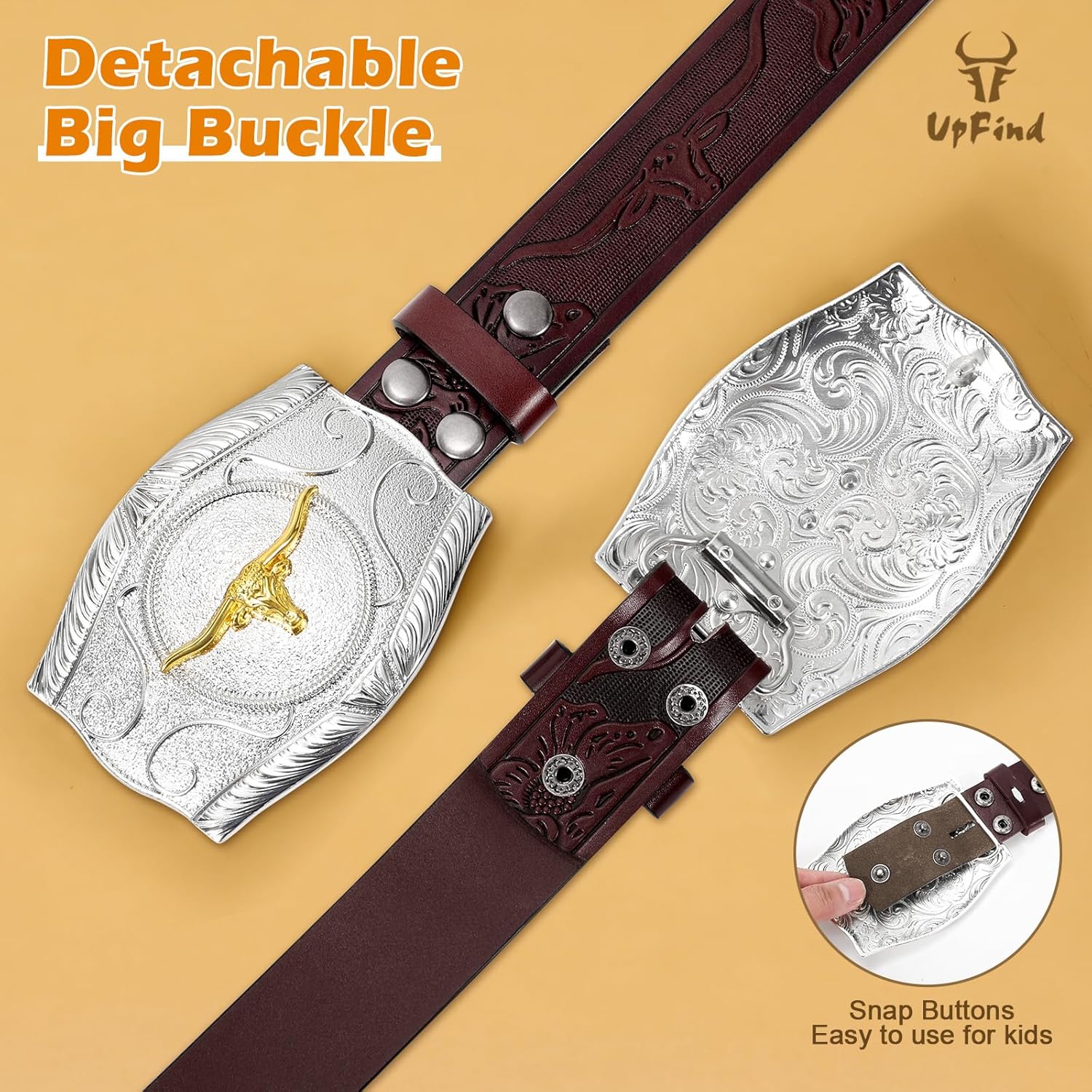 Kids Western Leather Belt for Boys Girls Youth Embossed Cowboy Belt with Silver Longhorn Buckle for Jeans 1.5" Wide - Image 2