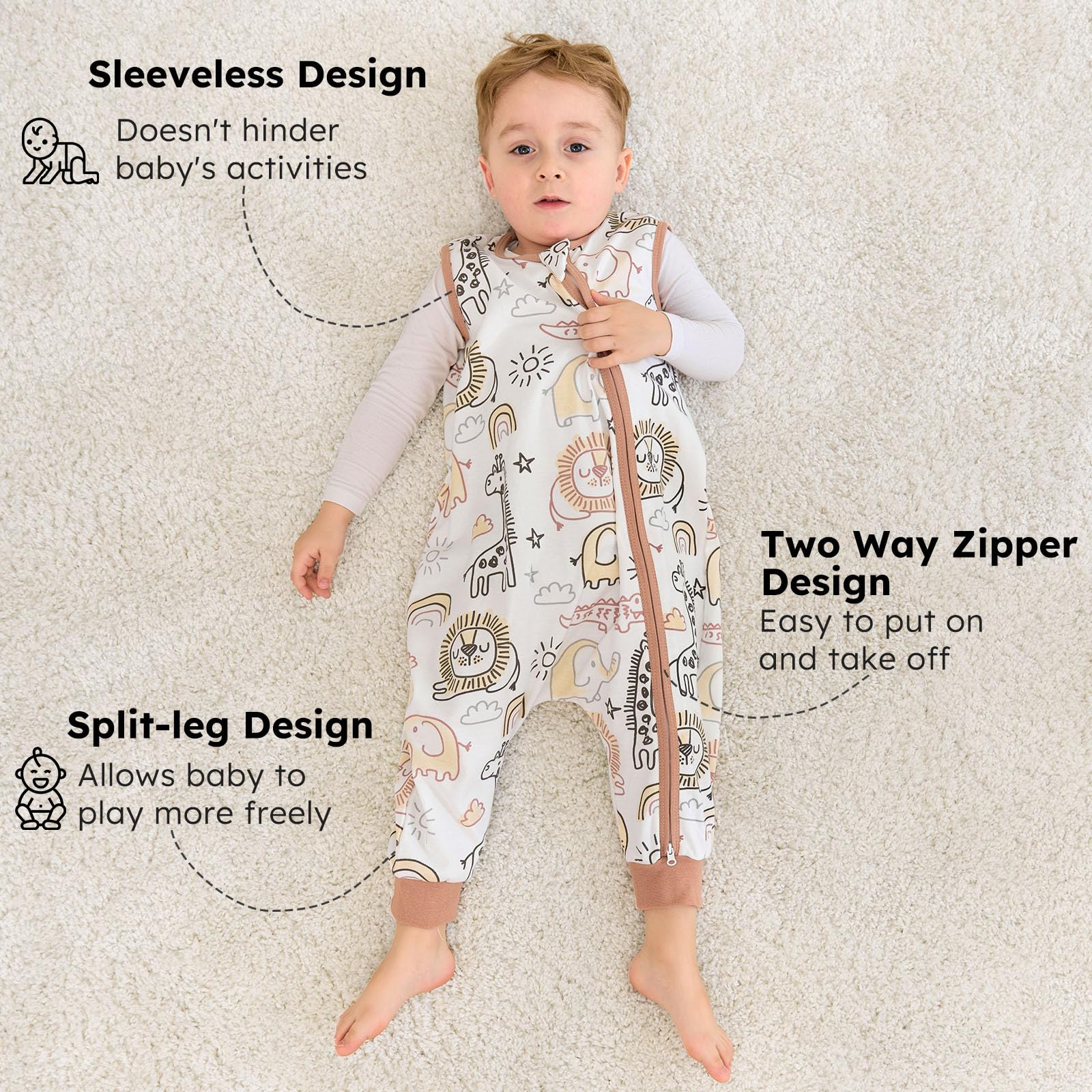 Yoofoss 2er Pack Baby Schlafsack mit Füßen 0.5 Tog 100% Baumwolle Schlafsack Baby mit Beinen Sommer Babyschlafsack für 18-36 Monate Kinder Jungen Mädchen 80 cm- Braun Tier