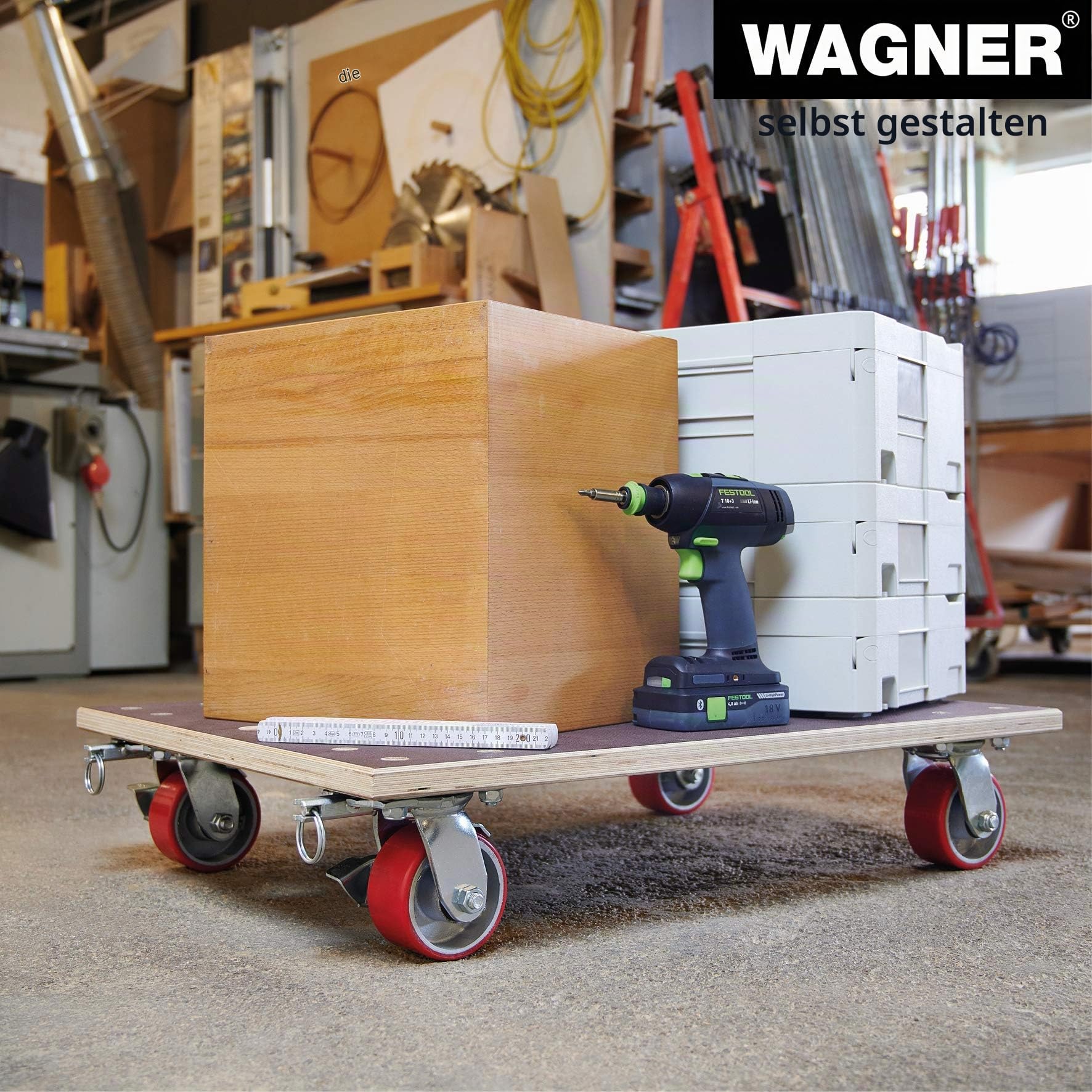 WAGNER Transportroller Transporthilfe 1348 I Schichtholz 24 mm mit Grip 78 x 59 x 16 cm, Tragkraft 1.000 kg I Schwerlastroller für Umzzg, Werkstatt, Handwerk I Softrollen & Bremsen I FSC® I Made in DE