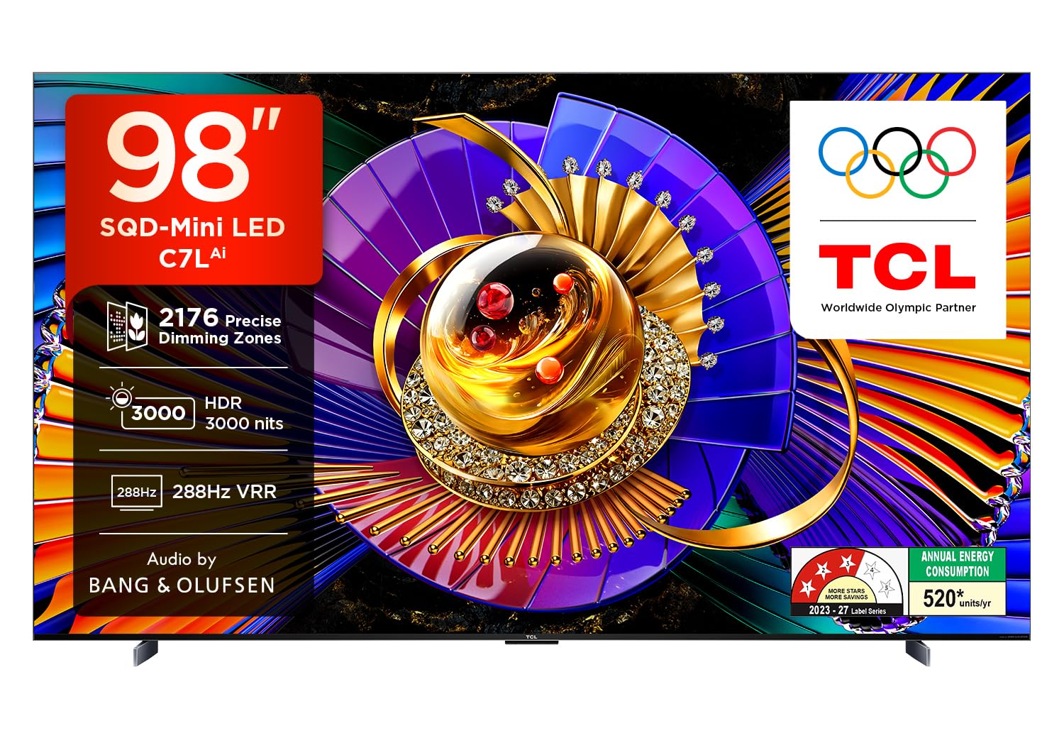 TCL 248 cm (98 inches) 4K SQD-MiniLED Google TV | 288Hz VRR | 3GB RAM | 54W B & O Hi-End Speakers | Upto HDR 30000nits | 98C7L